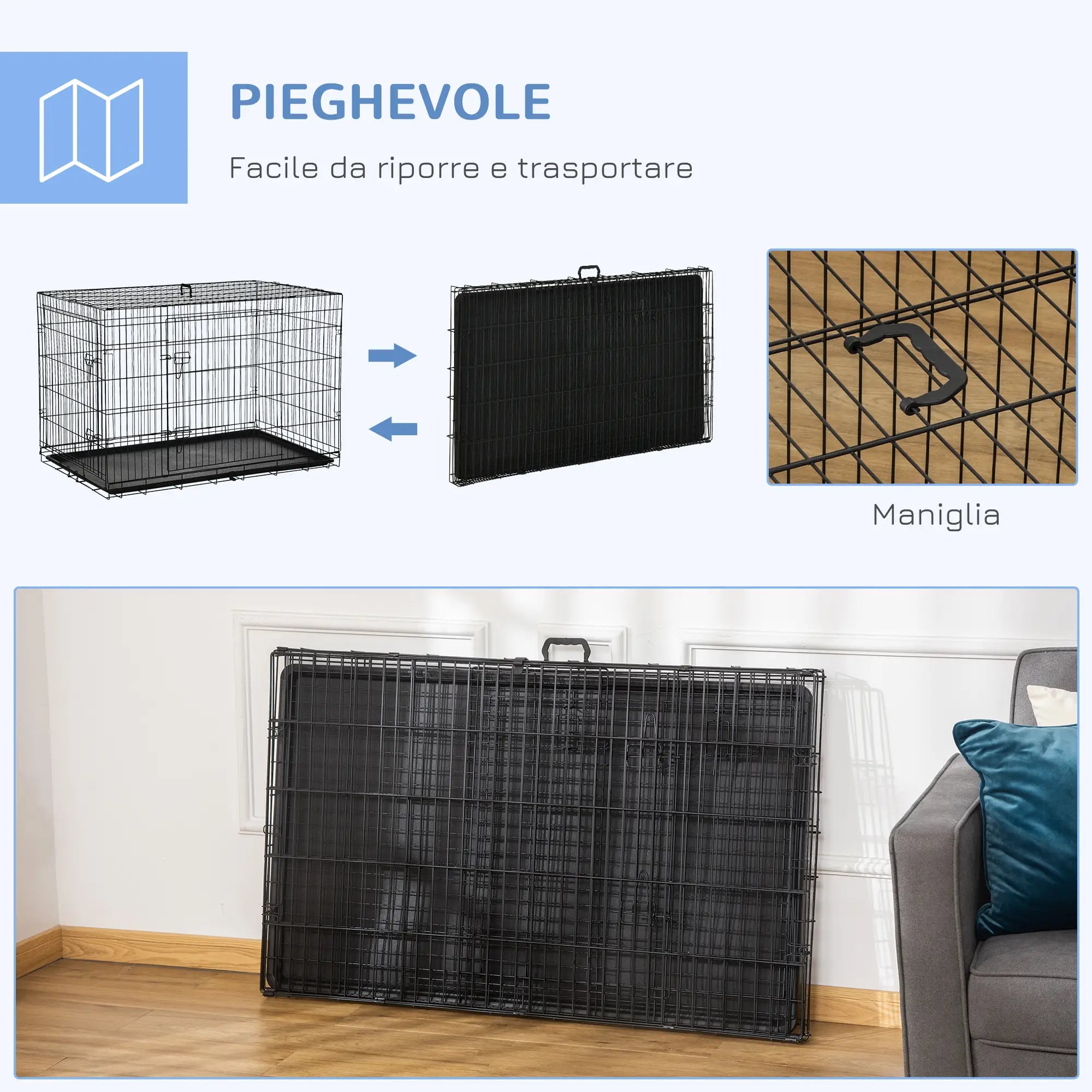 Pet Cage Foldable Steel Double Opening Dog and Cat Carrier, 121x77x82cm, Black - Borge' Group Limited