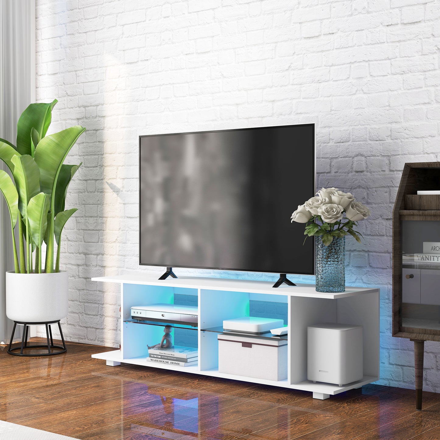 HOMCOM 60" TV Cabinet with 12 Color Lights and 2 Adjustable Shelves, in Chipboard and Glass, 144.8x40x45 cm, White