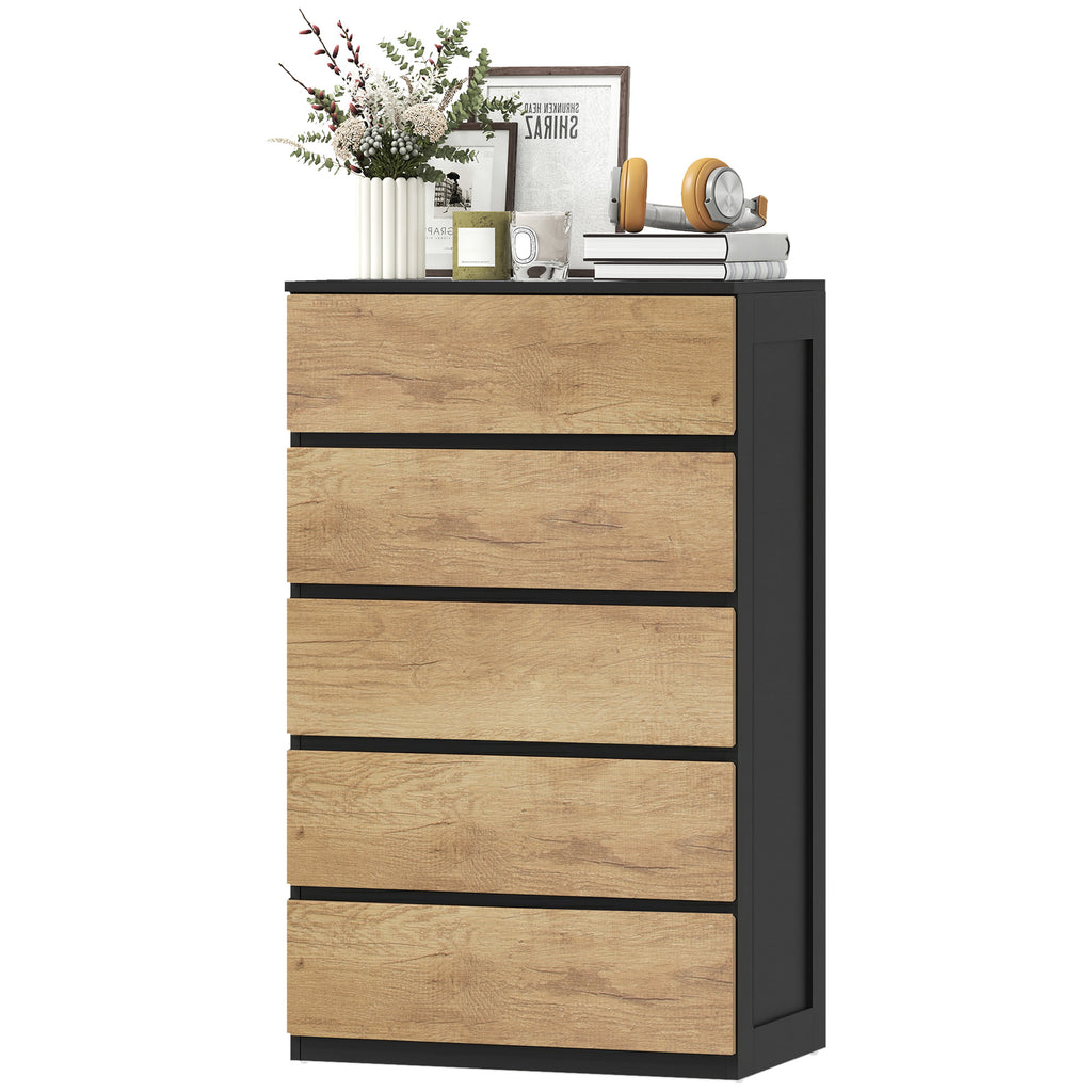 HOMCOM 5-Drawer Wooden Chest of Drawers with Metal Rails and Grooved Handles, 60x39x100 cm, Black and Oak