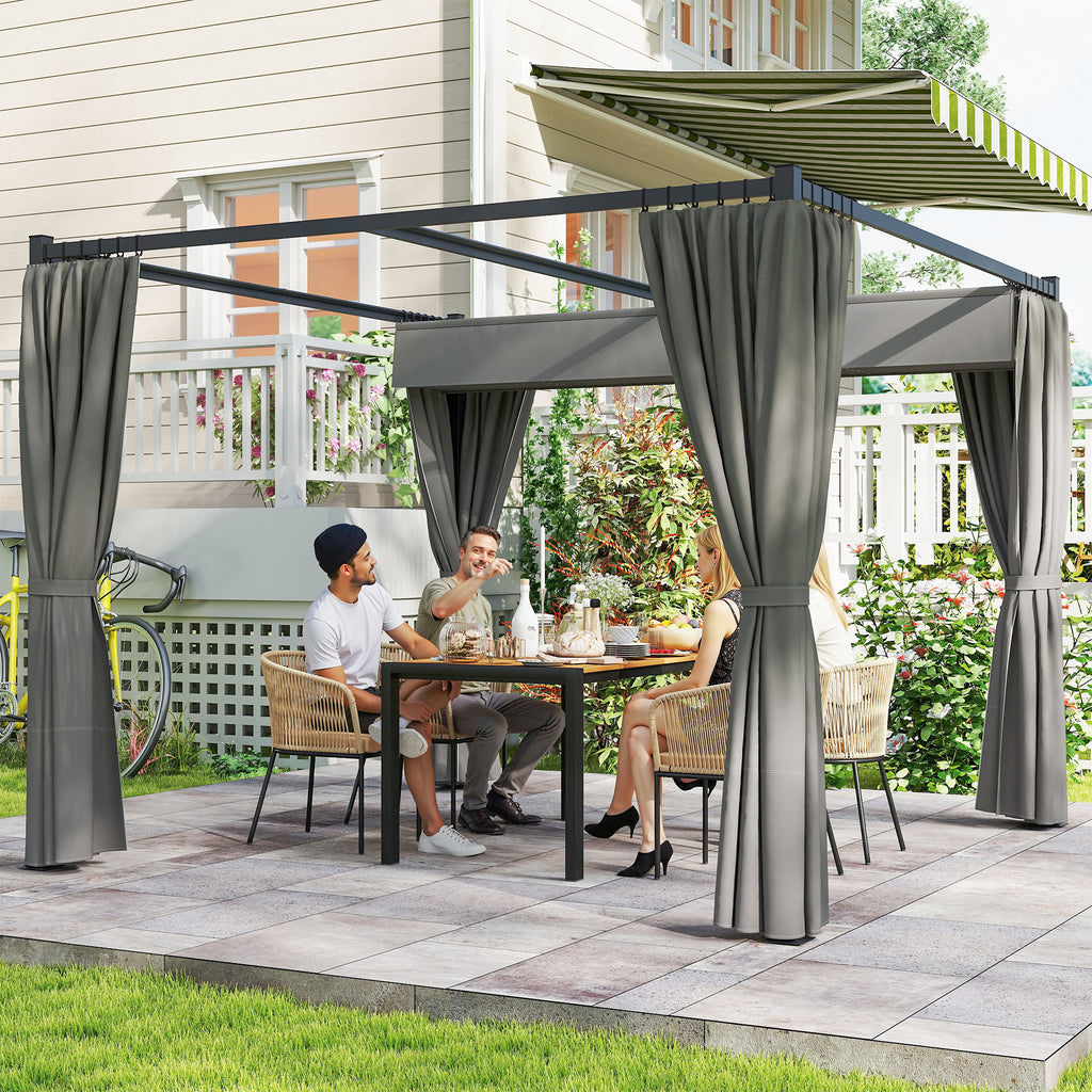 Outsunny Garden Pergola with Retractable Roof and Awnings, Metal and Polyester, 300x300x227 cm, Light Grey