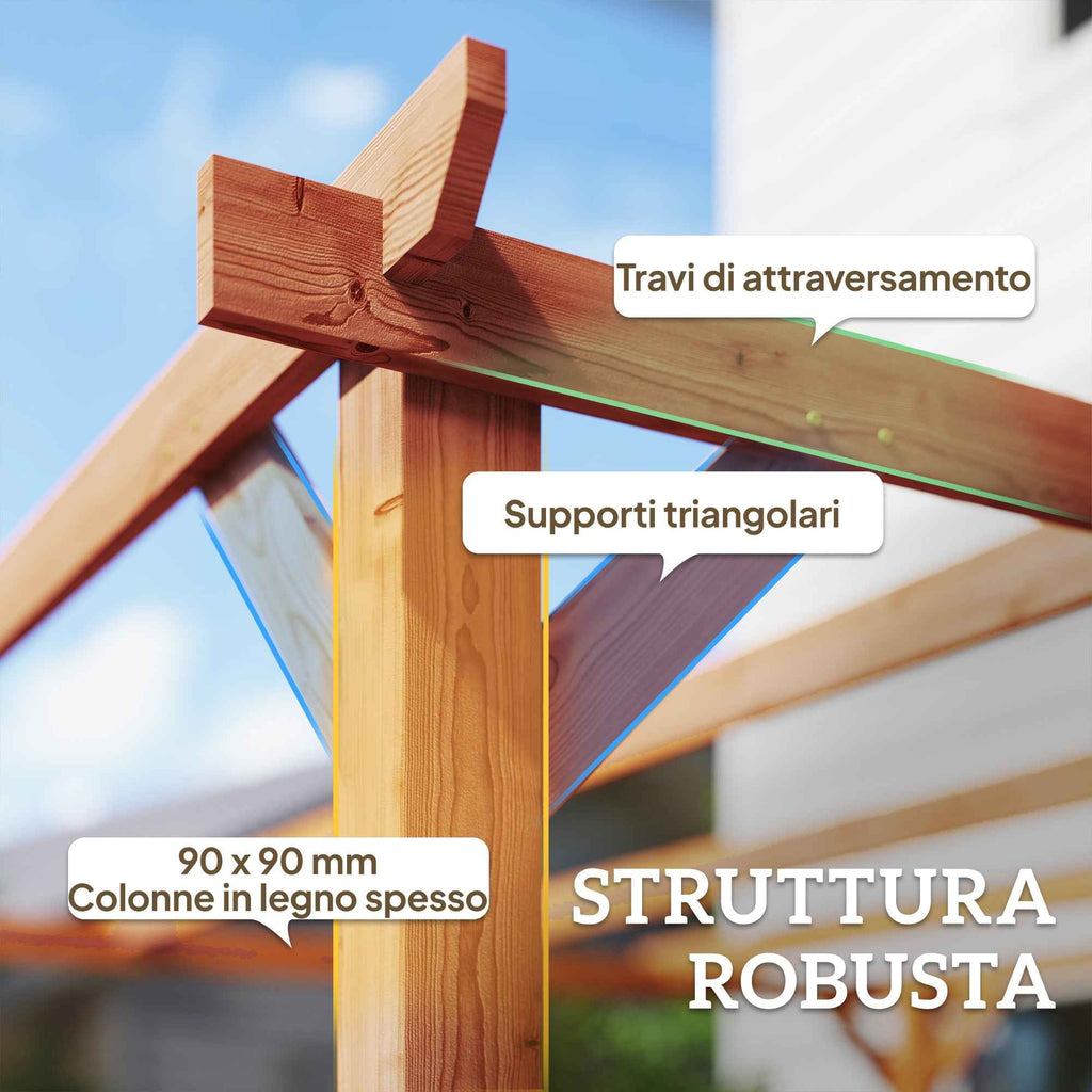 3x3 m Fir Wood Garden Pergola with Triangular Supports and 5 Beams, Wood Color