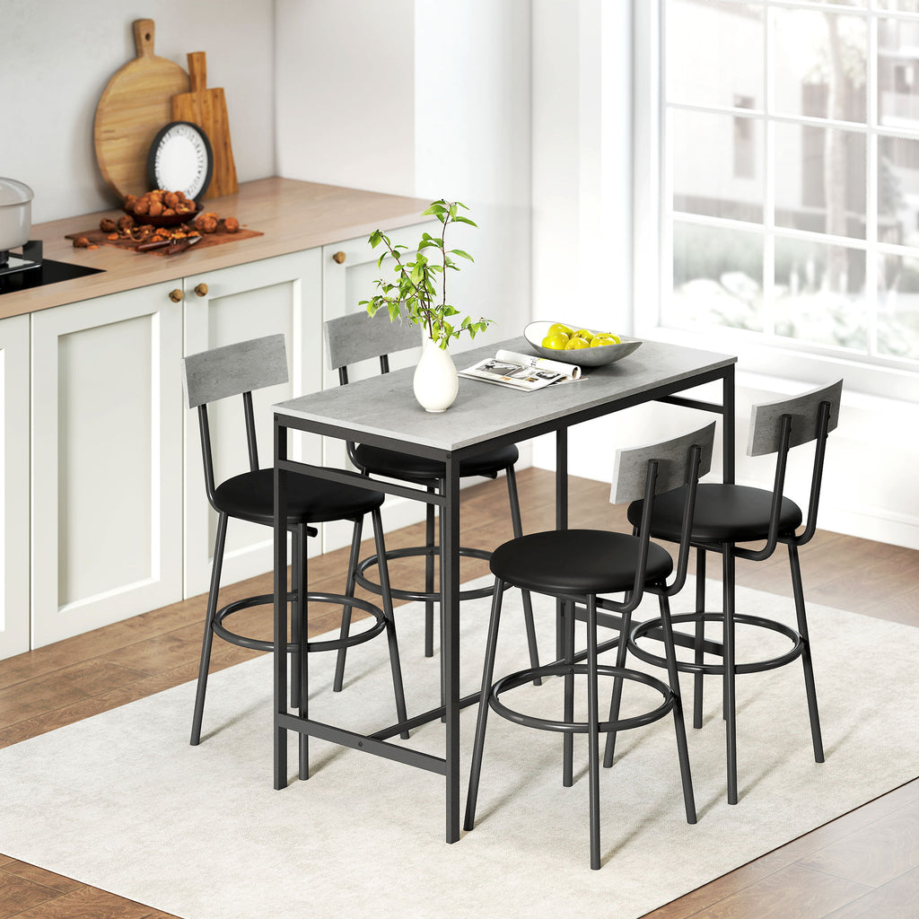 Industrial Style High Table and 4 Bar Stools Set with Backrest and Footrest, Cement Grey