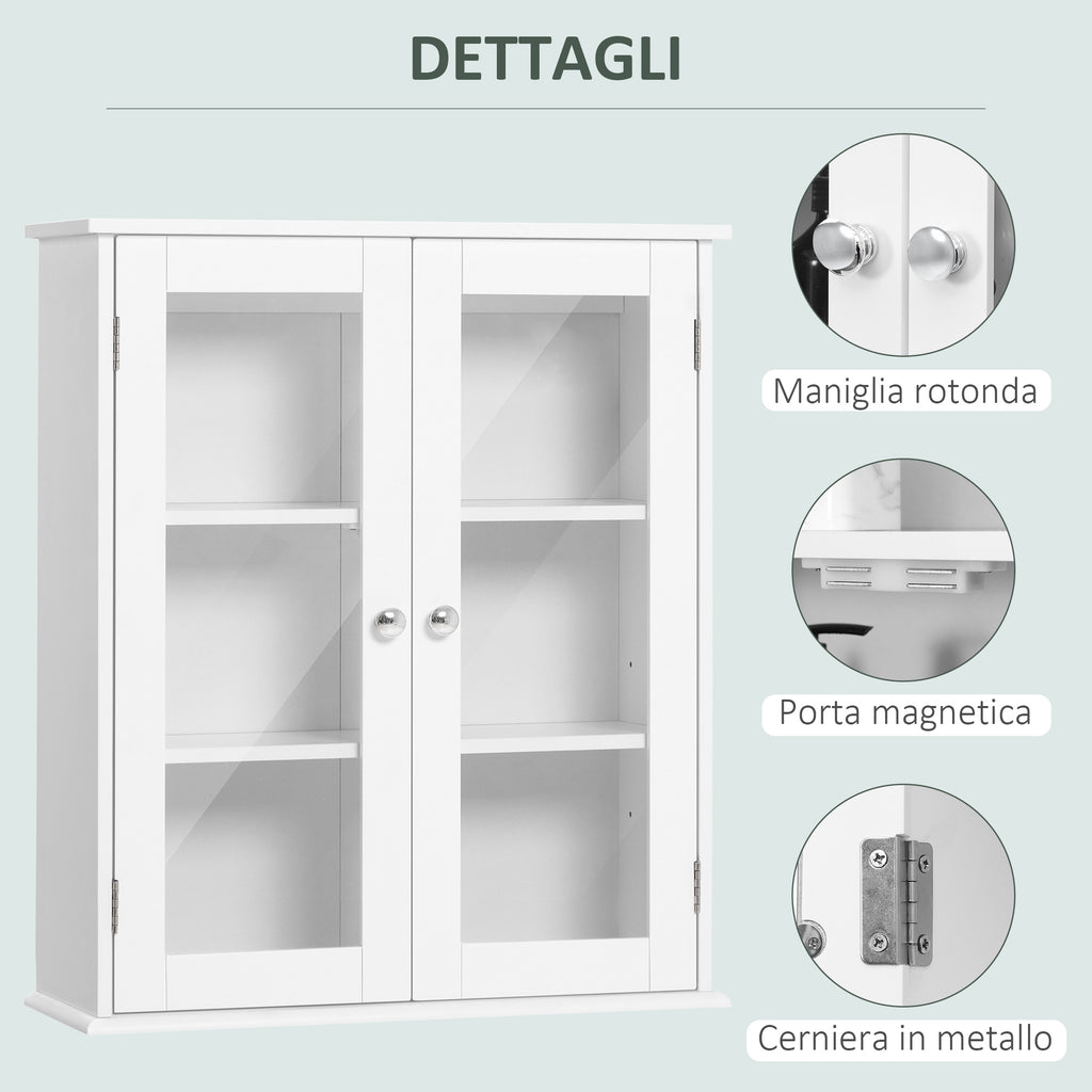 kleankin 2-Door Bathroom Wall Cabinet in Wood and Glass with Adjustable Shelf, 55x20x65 cm, White