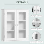 kleankin 2-Door Bathroom Wall Cabinet in Wood and Glass with Adjustable Shelf, 55x20x65 cm, White
