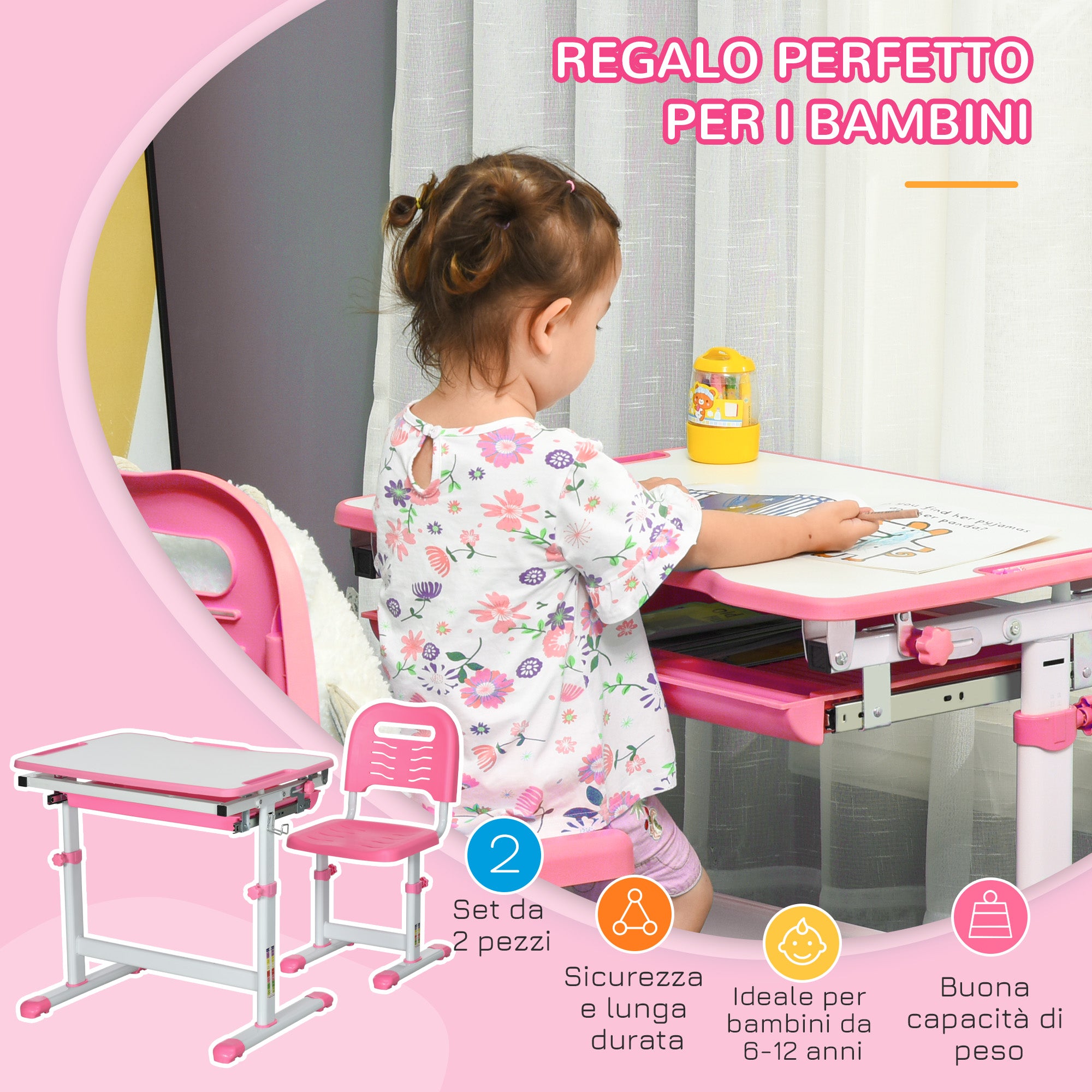 Children's School Desk for 6-12 Years with Chair and Adjustable Height, Tiltable Top, 66x47x52-77 cm, Pink