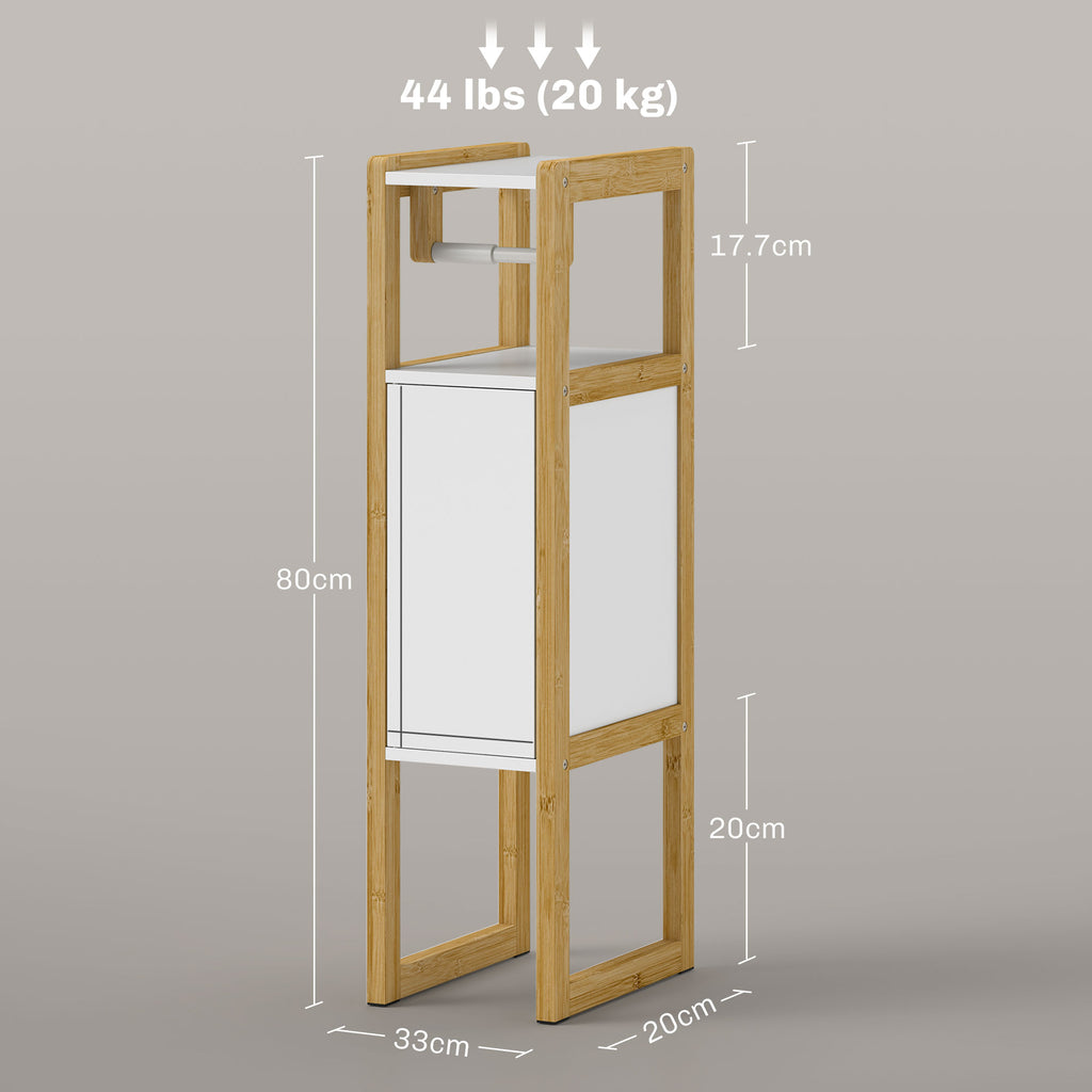 Space-Saving Bathroom Cabinet with Toilet Paper Holder, Cabinet and Bamboo Shelf, 20x33x80cm, White