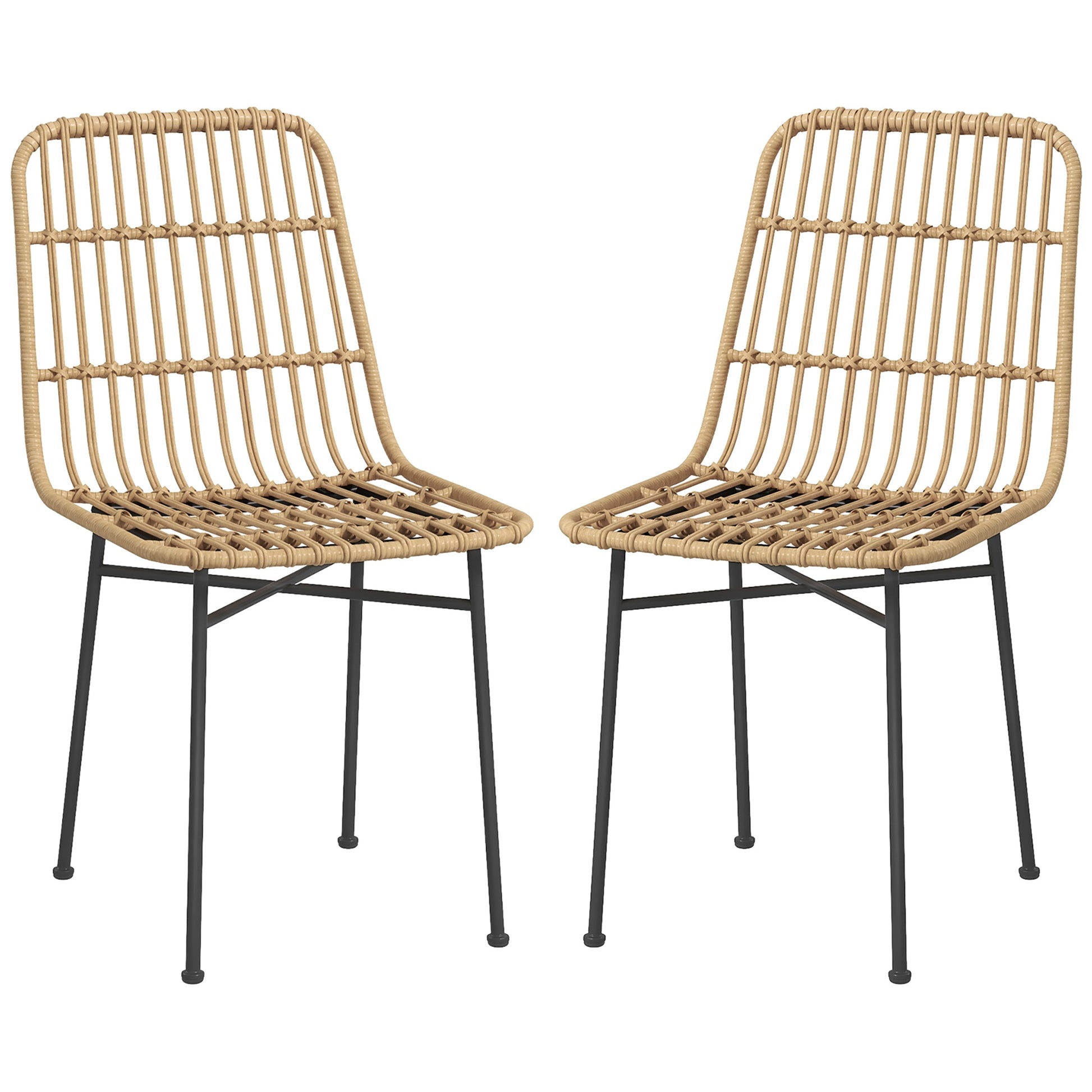 HOMCOM Set of 2 Boho Style Kitchen and Living Room Chairs in PE Rattan and Steel, 45x57x83 cm, Yellow - Borgè