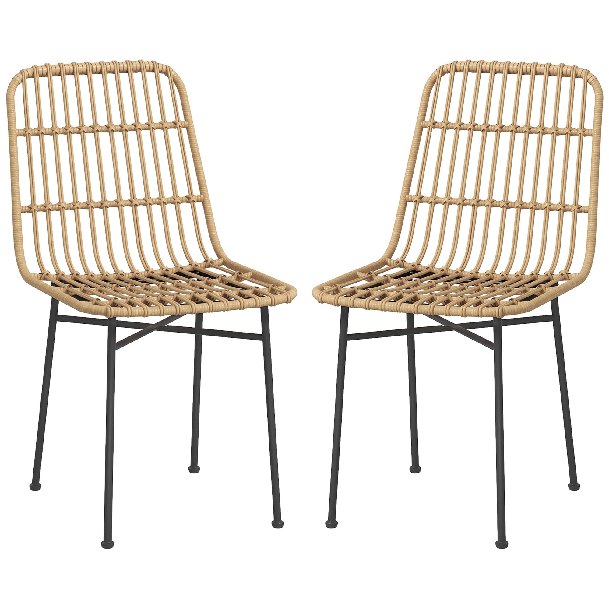 HOMCOM Set of 2 Boho Style Kitchen and Living Room Chairs in PE Rattan and Steel, 45x57x83 cm, Yellow - Borgè
