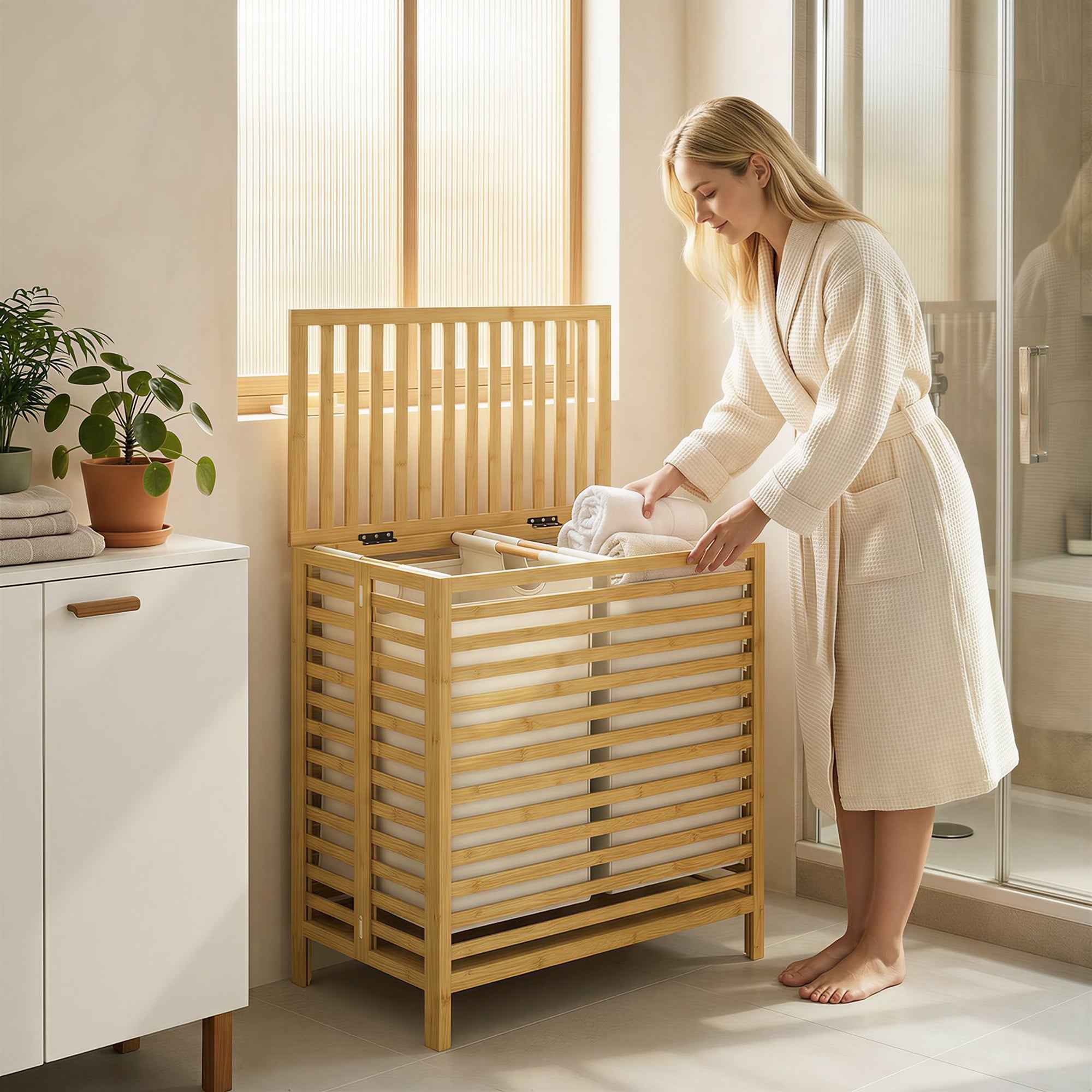 HOMCOM 64L Bamboo Laundry Hamper with Lid, 2 Removable and Washable Oxford Fabric Bags, Wood Color