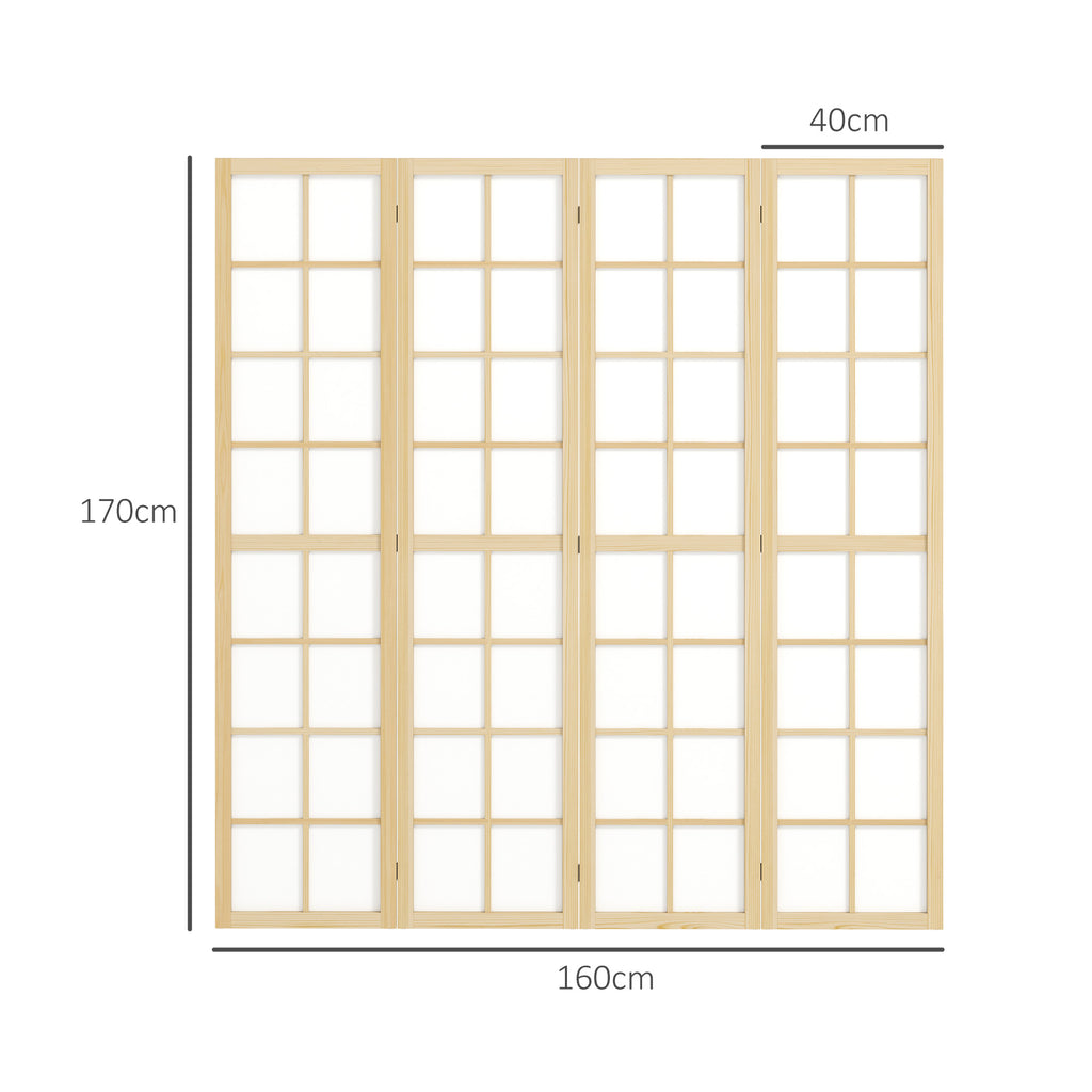 4-Panel Folding Room Divider in Wood and Fabric, 160x170 cm, Wood and White Color