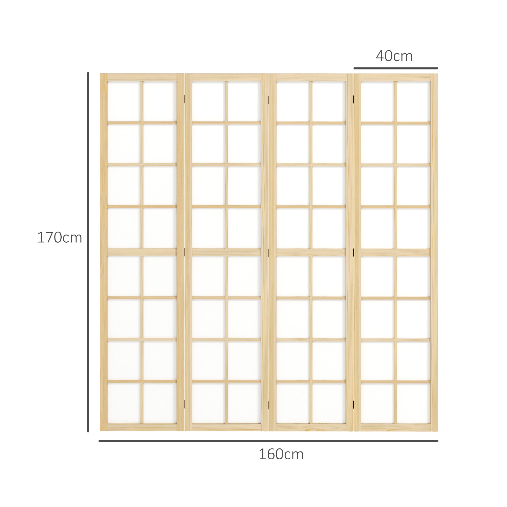 4-Panel Folding Room Divider in Wood and Fabric, 160x170 cm, Wood and White Color