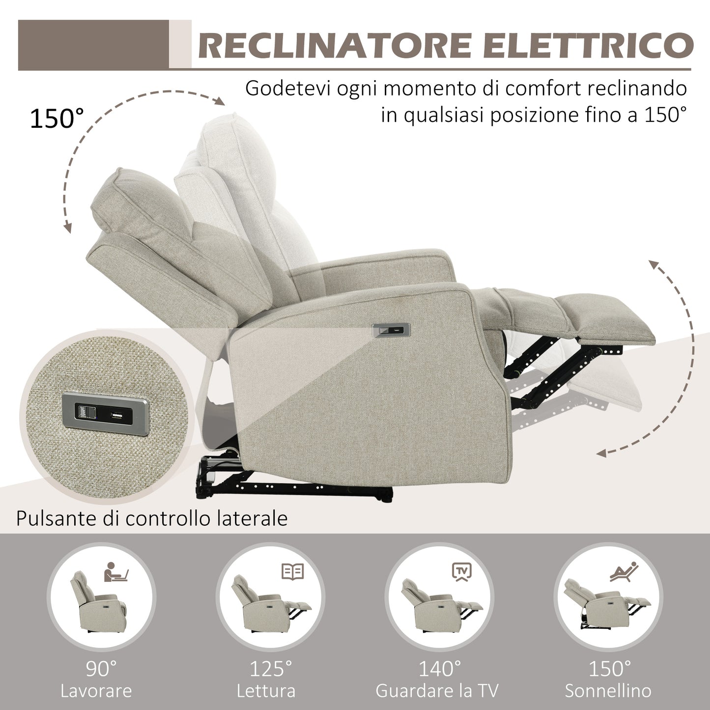 Electric Relax Chair, 150° Modern Reclining Chair with USB for Living Room Bedroom, Beige, 84x92x104cm