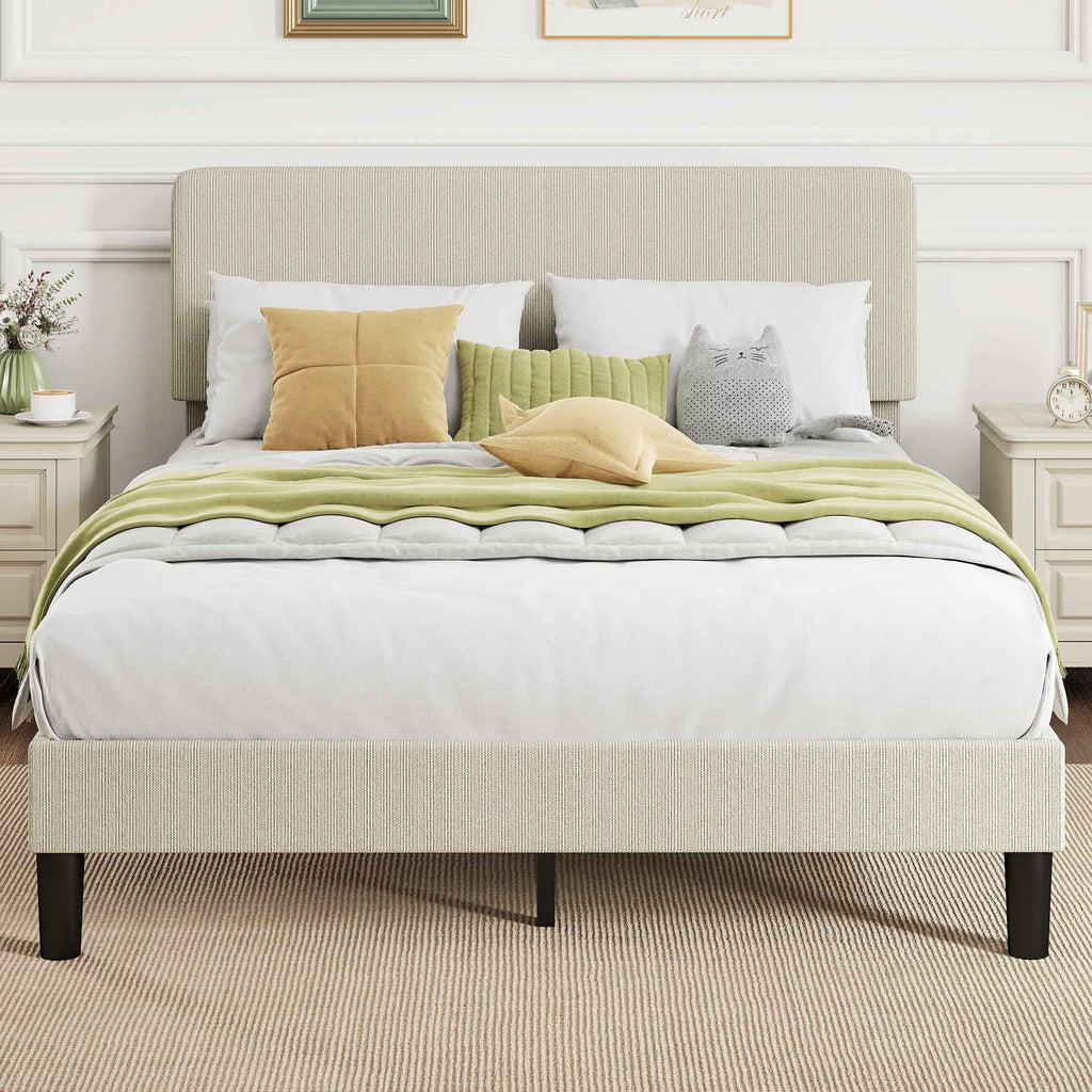 HOMCOM 140x200cm Bed Frame with Height-Adjustable Padded Headboard and Slats, Corduroy, Grey