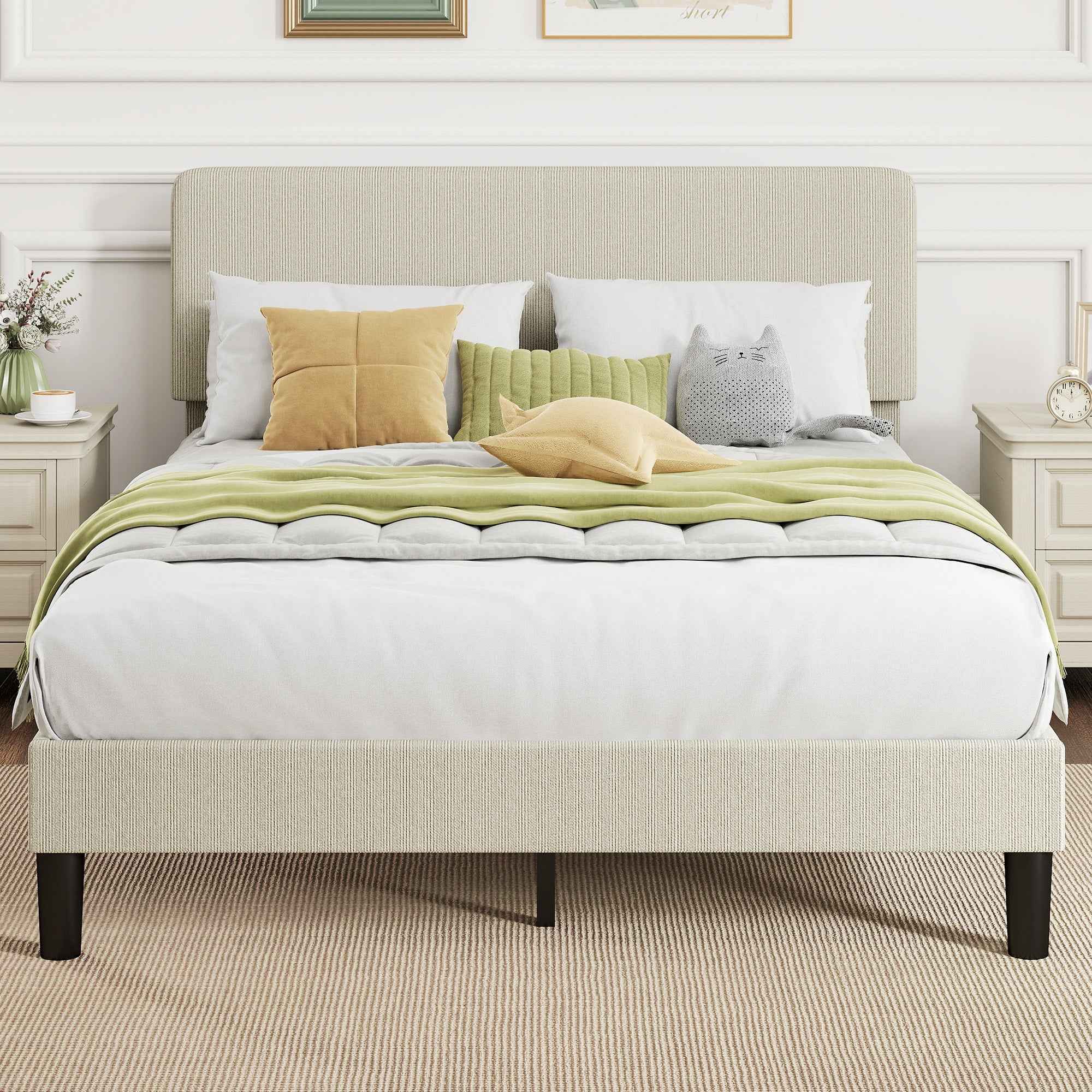 HOMCOM 140x200cm Bed Frame with Height-Adjustable Padded Headboard and Slats, Corduroy, Grey