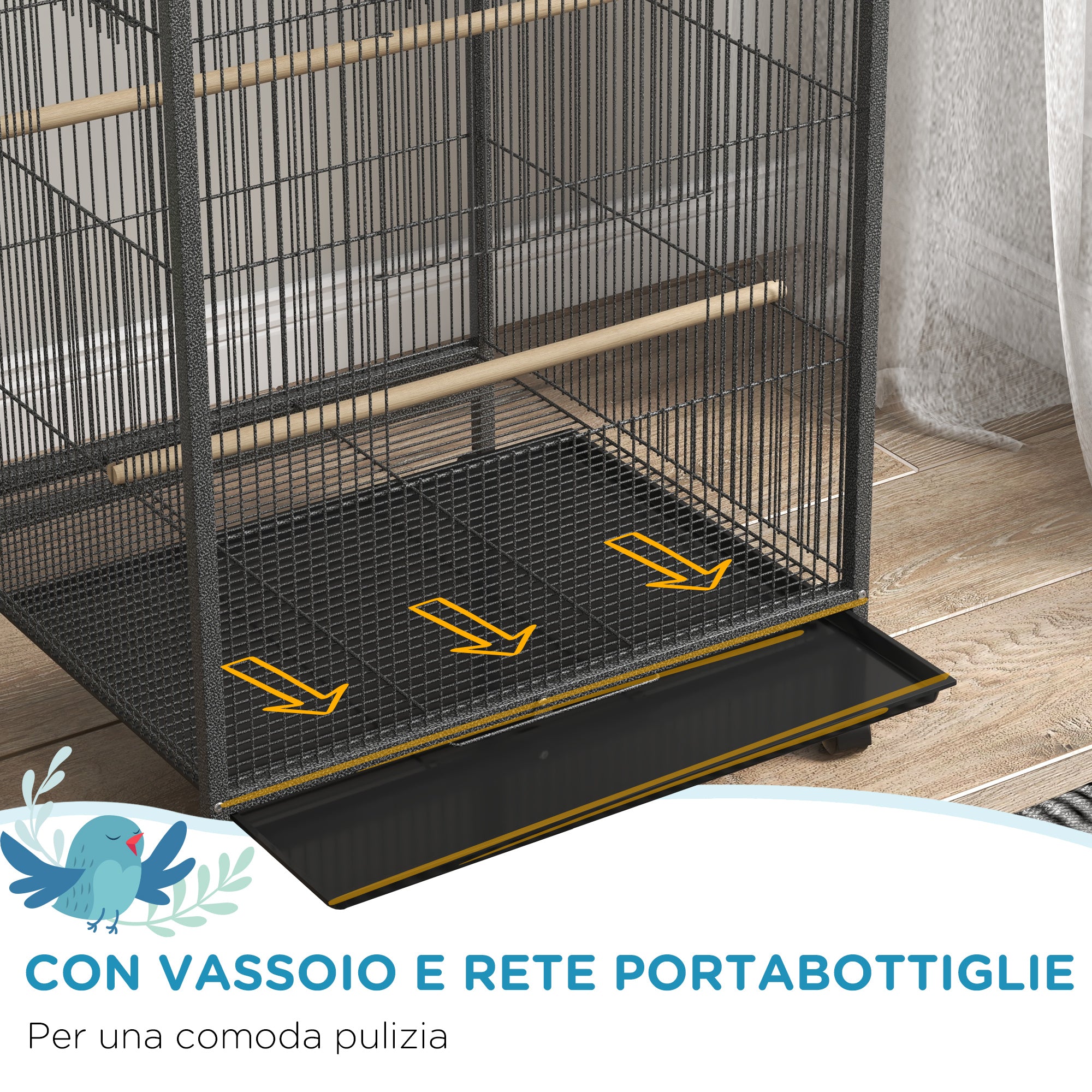 Pawhut for birds in steel and pp with 5 doors, 2 posees and removable tray, 48x46x74 cm, gray - Borgè