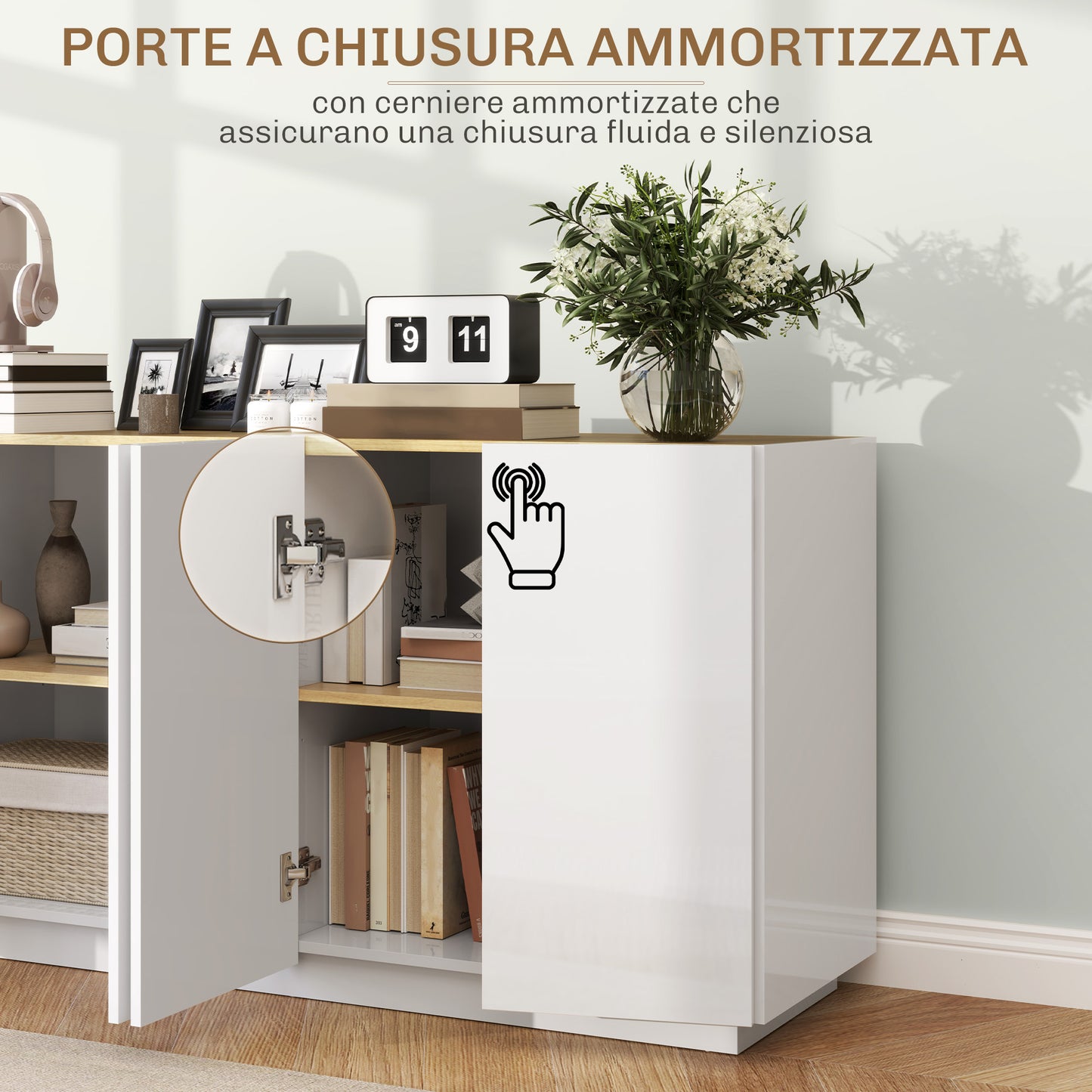 Modern Sideboard with 2-Door Cabinets, Soft Closing and Adjustable Shelves, 140x40x75cm, Gloss White