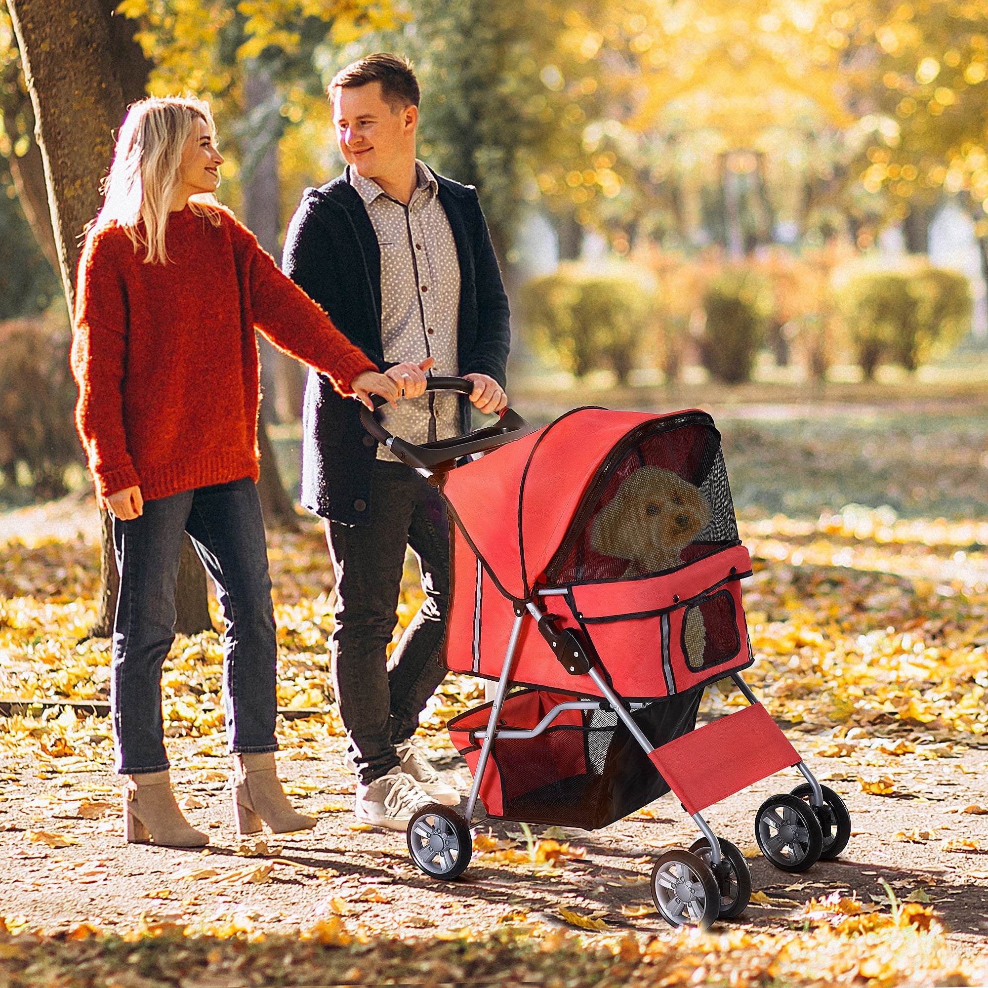 Folding Fabric Dog Stroller with Basket and Cup Holder, 75x45x97cm - Red