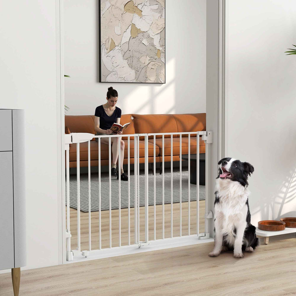 PawHut Dog Safety Gate, 74.5-111.5x74.5 cm, Stairs, Self-Closing, One-Handed Opening, White