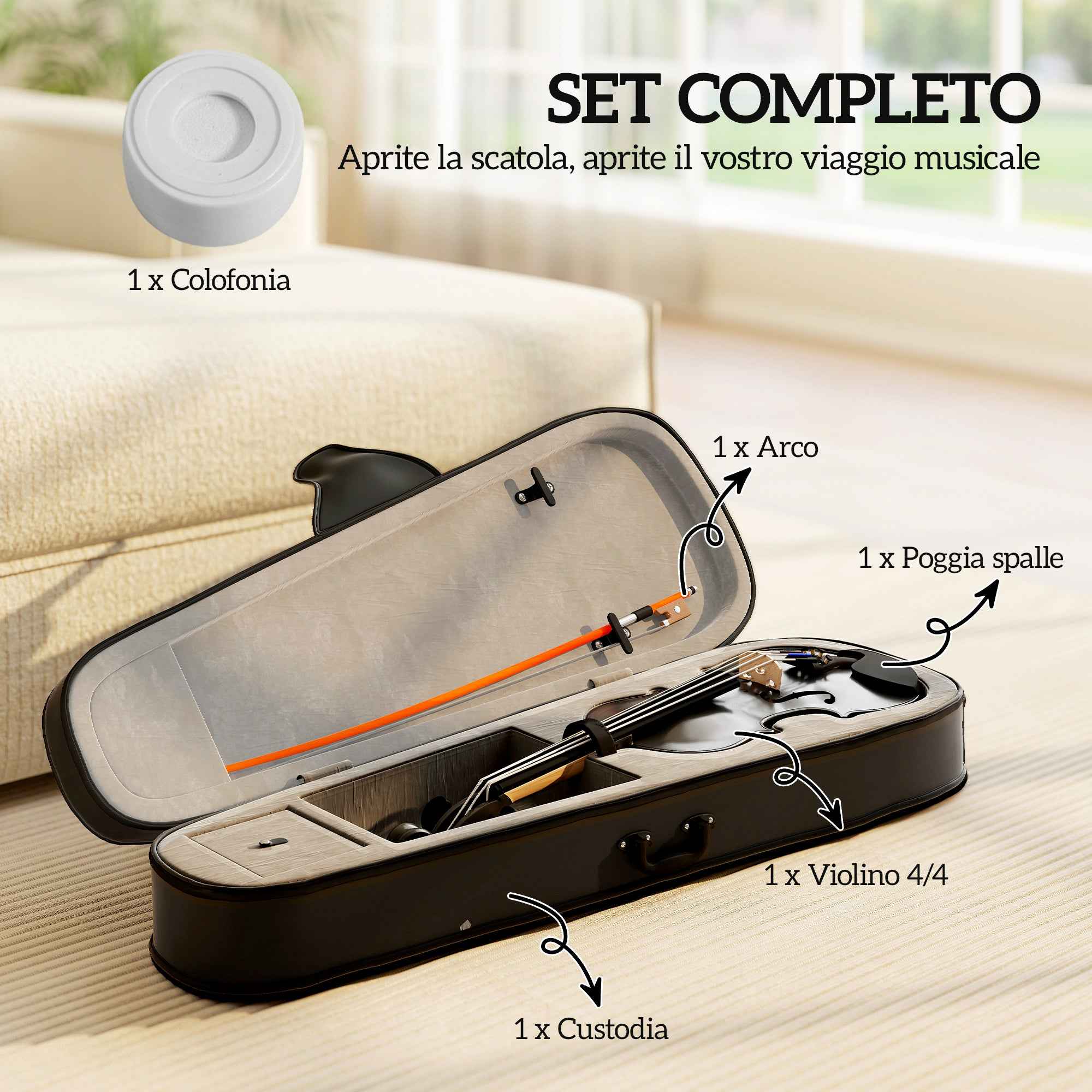 HOMCOM 4/4 Spruce and Maple Violin with Case, Bow, Shoulder Rest and Rosin, Black