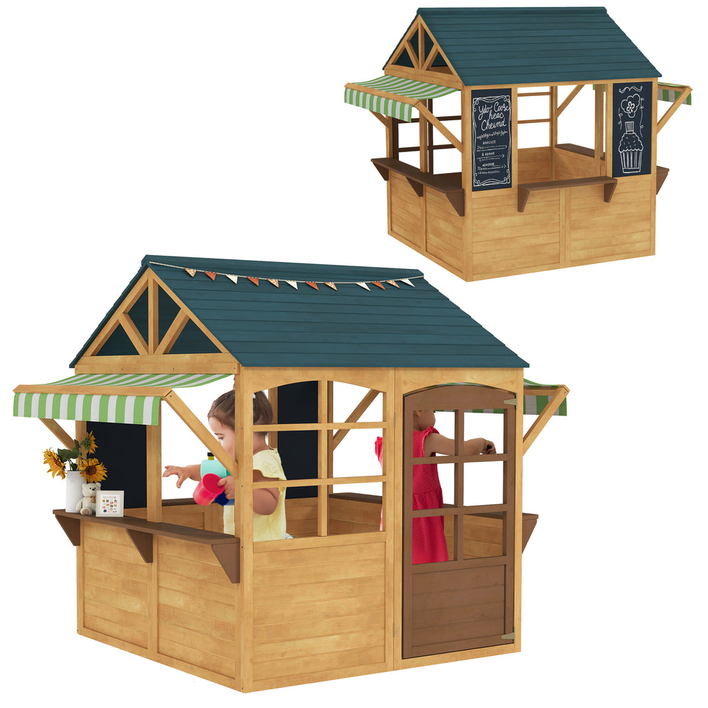 Playhouse for Children 3-8 Years with 5 Windows and 2 Blackboards, in Fir Wood, 173x117x144 cm, Brown and Blue