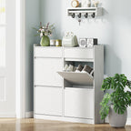 Slim Wooden Shoe Rack with 4 Flap Drawers and 2 Sliding Drawers, 98x19.2x95.3 cm, White