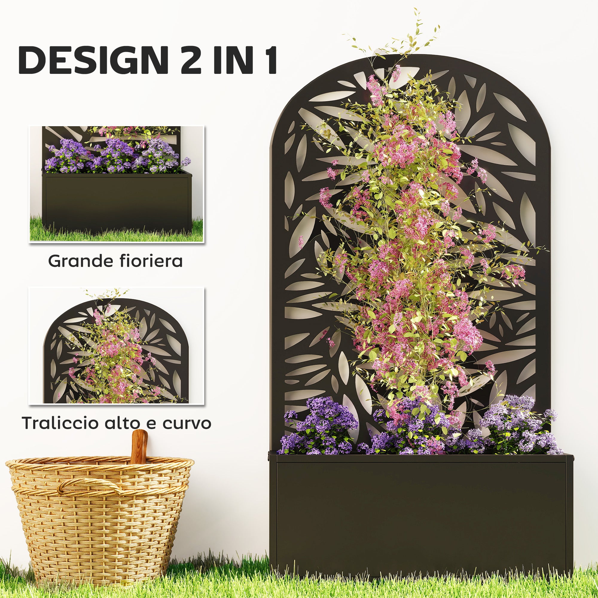 Outsunny Arched Trellis Planter with Drainage Holes, Metal, 61x23x113 cm, Black