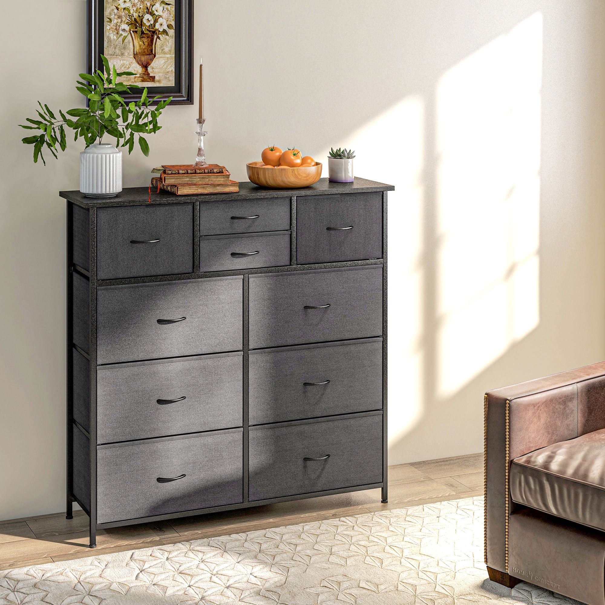 Homcom drawer 10 Modern drawers in non -woven fabric, steel and mdf, 100x30x100 cm, black - Borgè