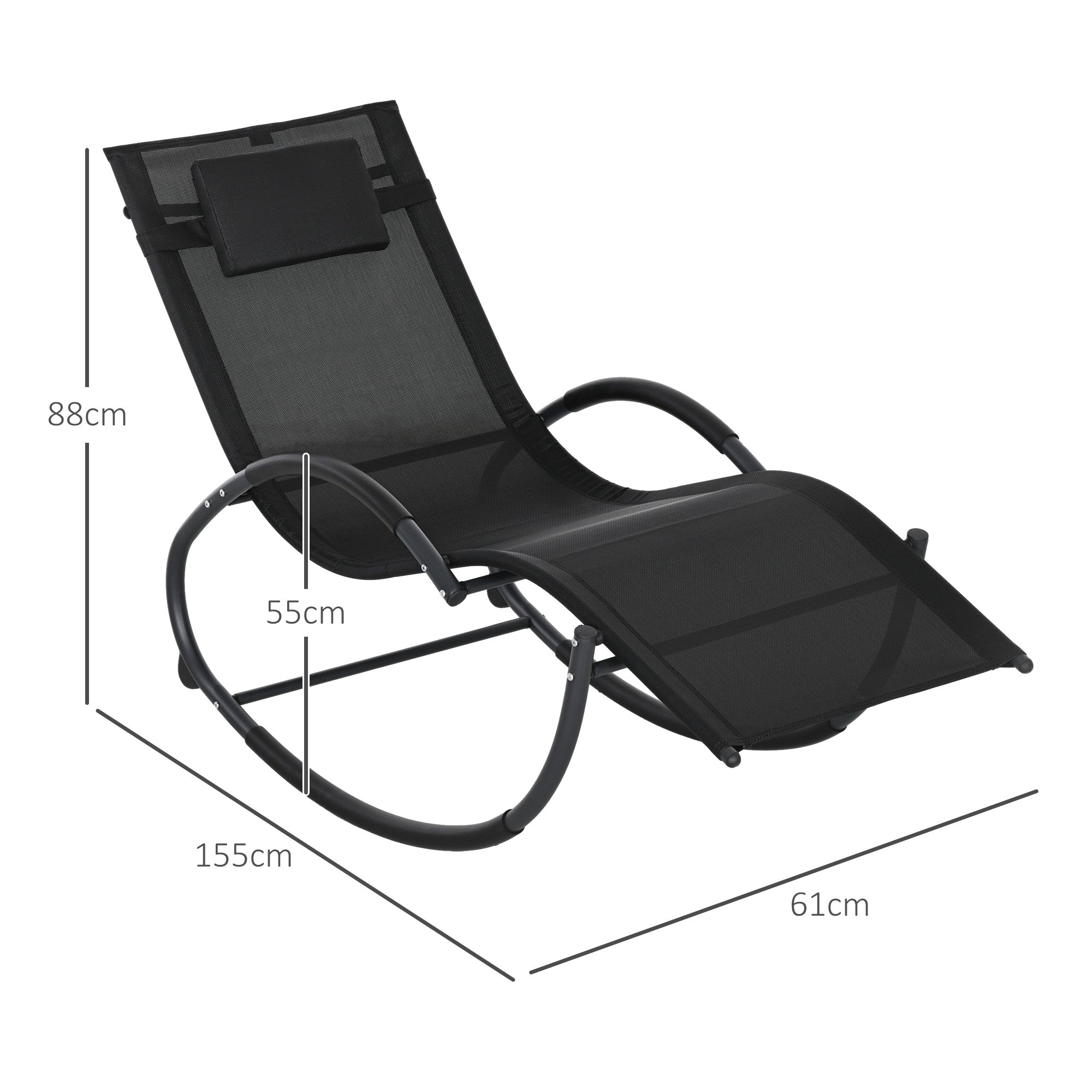 Outsunny Waterproof Outdoor Zero-Gravity Rocking Deck Chair with Headrest, 155x61x88 cm, Black - Borgè