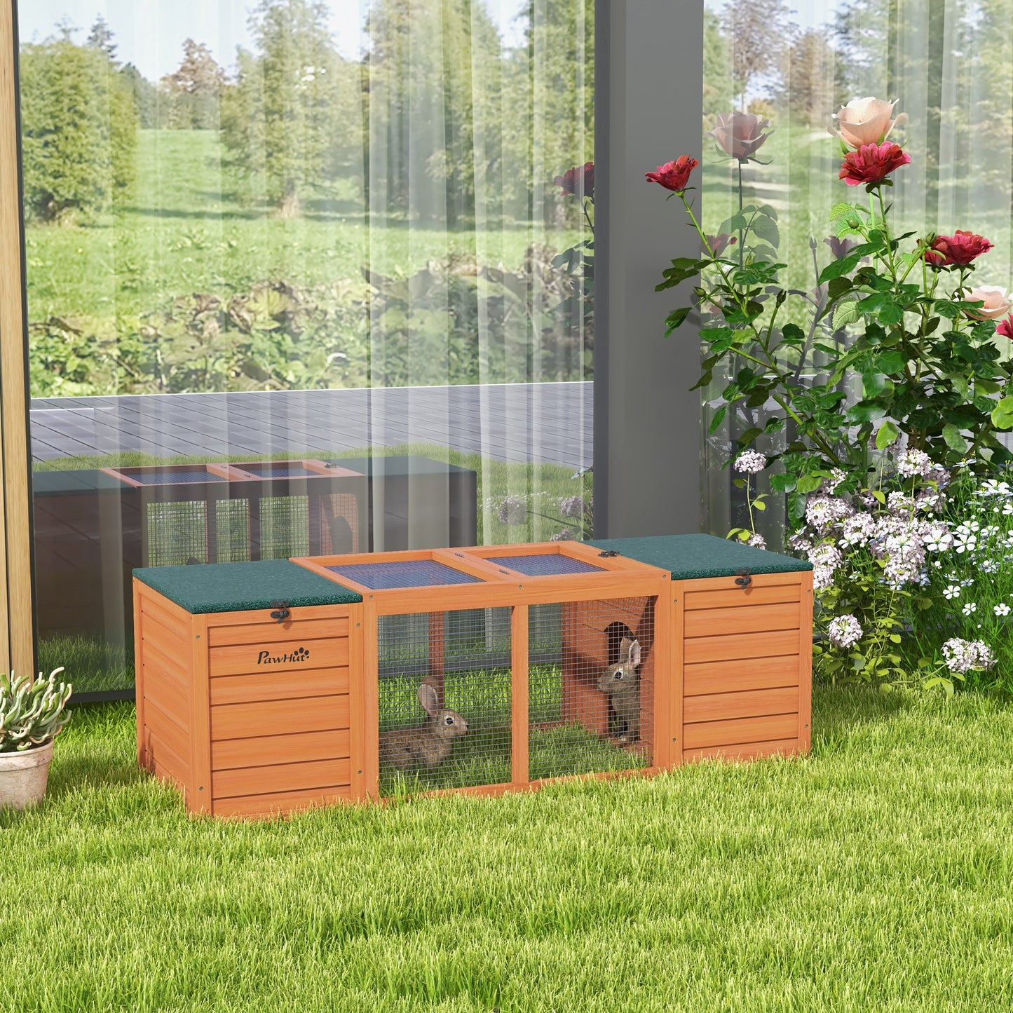 Wooden Hutch with 2 Houses, Central Fence and Opening Roof, 140x52x46cm, Orange - Borgè