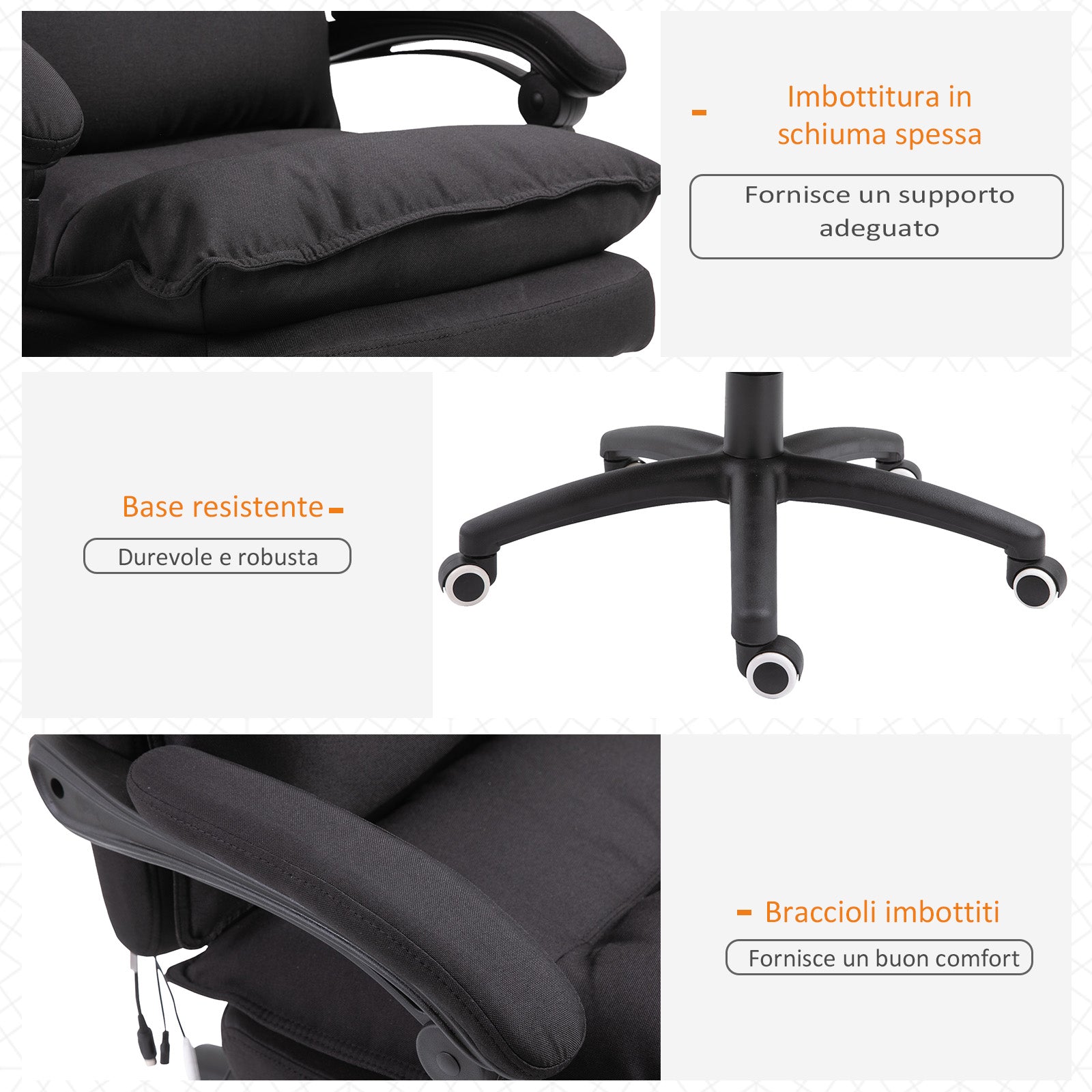 Height Adjustable Office Chair with 6 Massage Points, in Linen Effect Fabric, 70x62x120-130 cm, Black