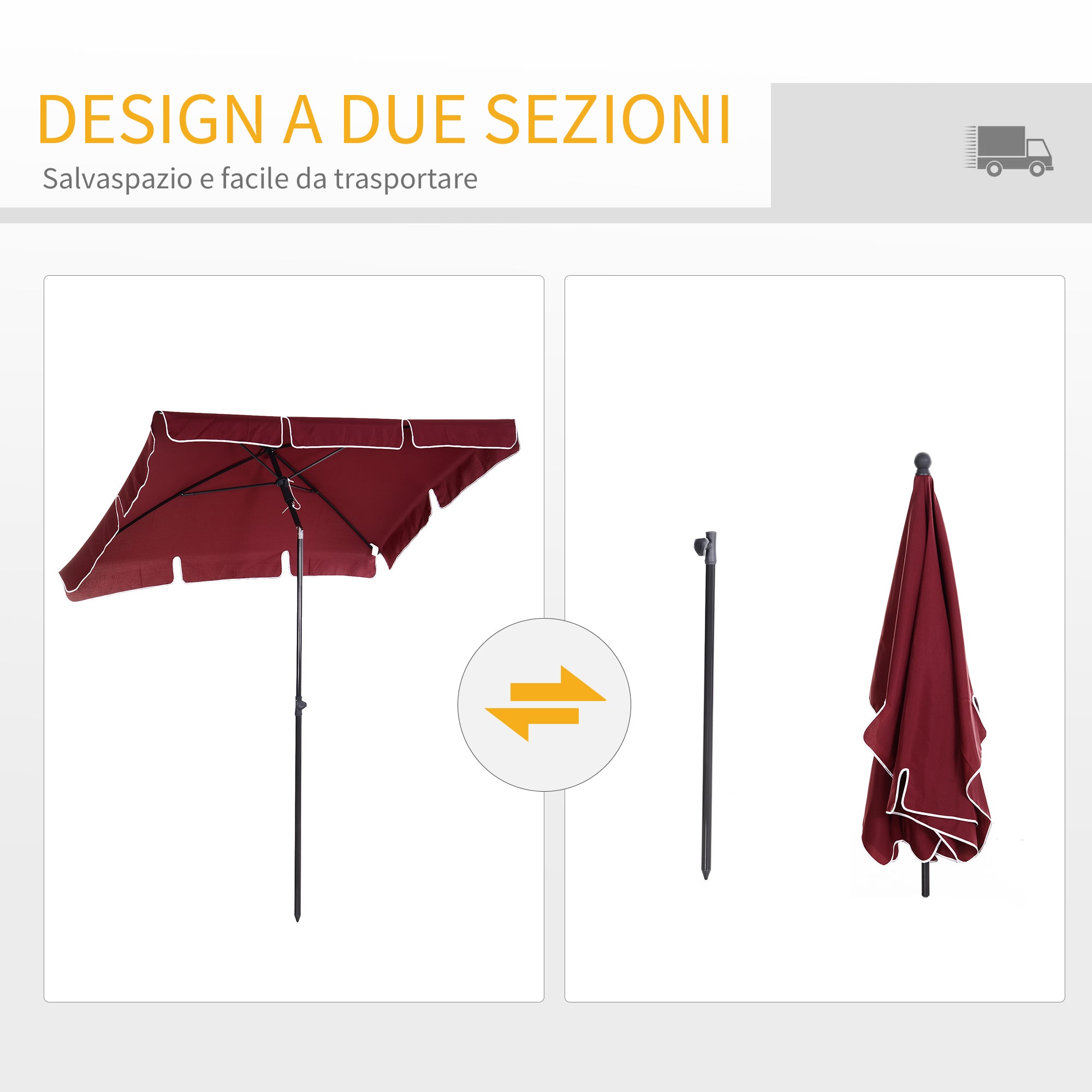 Rectangular and Adjustable Garden Umbrella with Aluminum Pole, 2x1.3x2.5 m, Wine Red