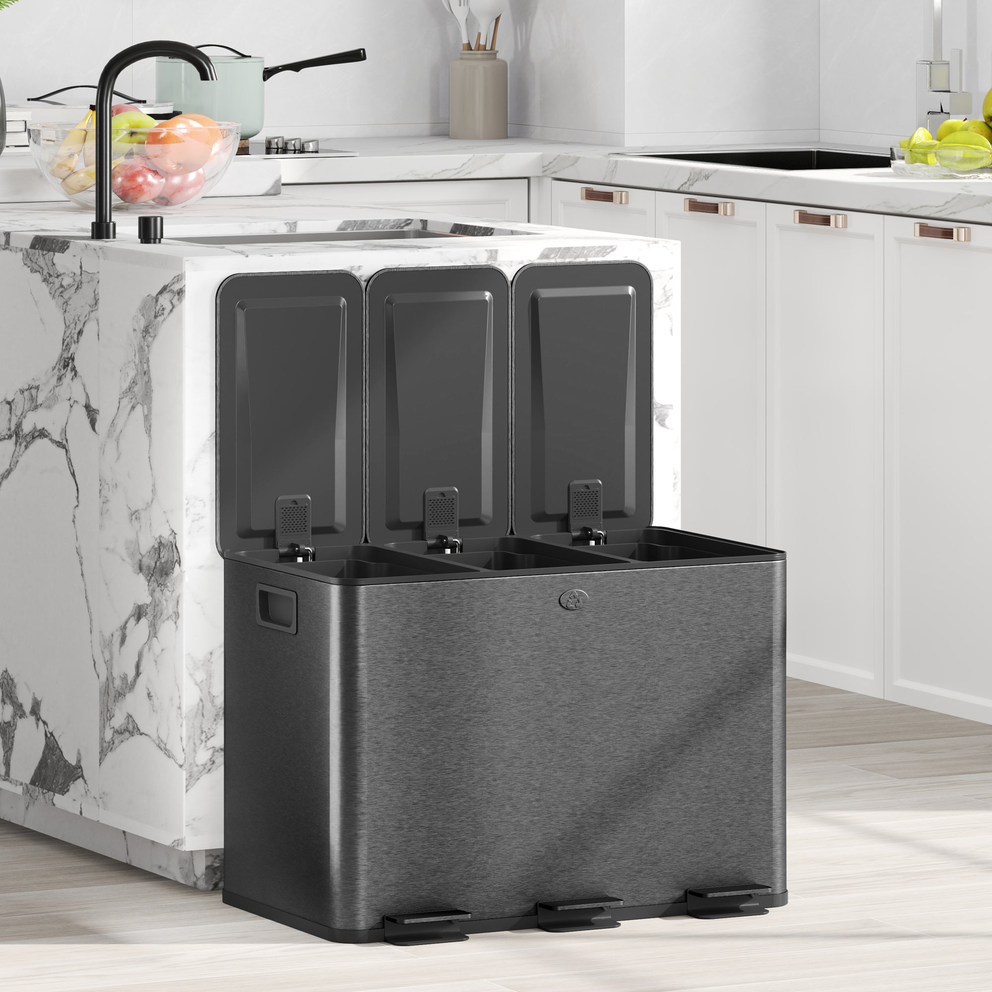 20L 3-Section Rubbish Bin with Silent Closure, Stainless Steel and PP, 61.9 x 36.6 x 56.7 cm, Black