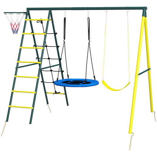 Outsunny Classic Round Garden Swing Set, Steel Ladders and Rope and Basket for Children 3-8 Years - Borgè