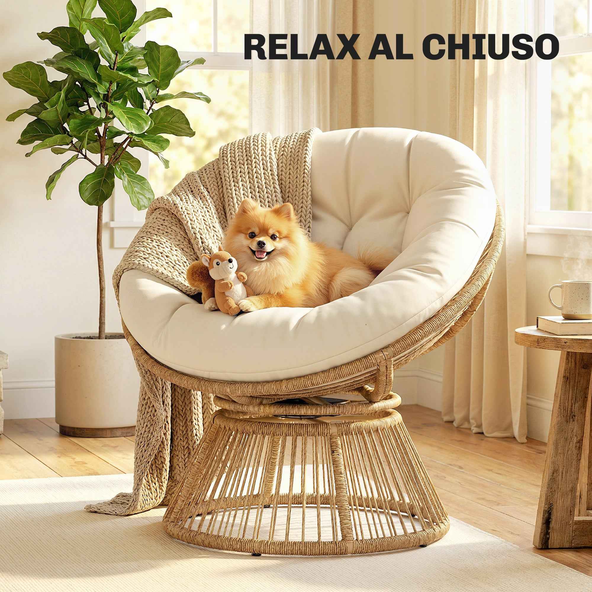 Outsunny Papasan Rattan 360° Moon Chair with Cushion Indoor/Outdoor, Cream White