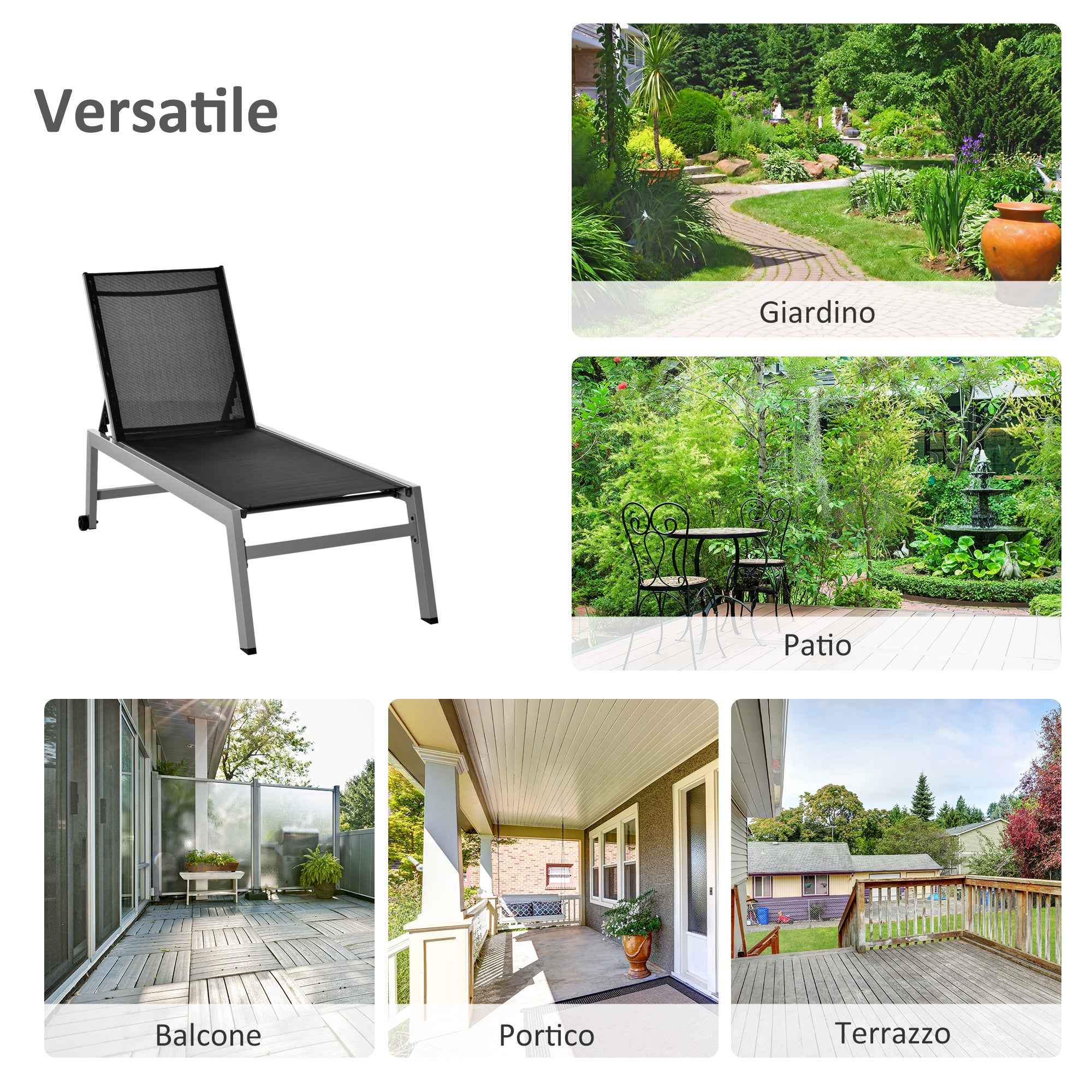 Outsunny Aluminum and Texteline Sun Lounger | Adjustable Backrest, Black and Gray, 2 Wheels | 169 x 65 x 102 cm
