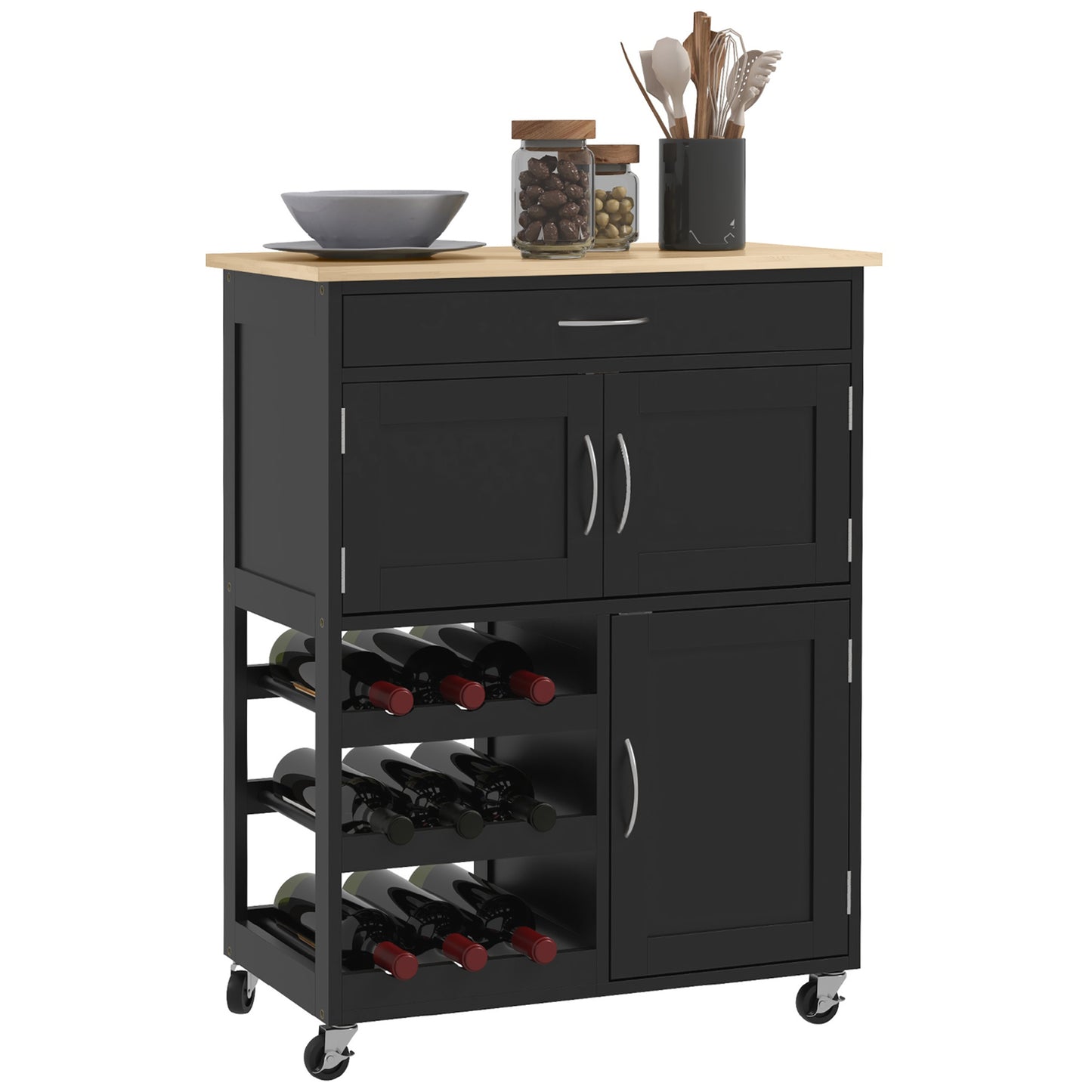 Wooden Kitchen Trolley with Bottle Holder, 3 Doors and Drawer, 67x37x87 cm, Black and Oak