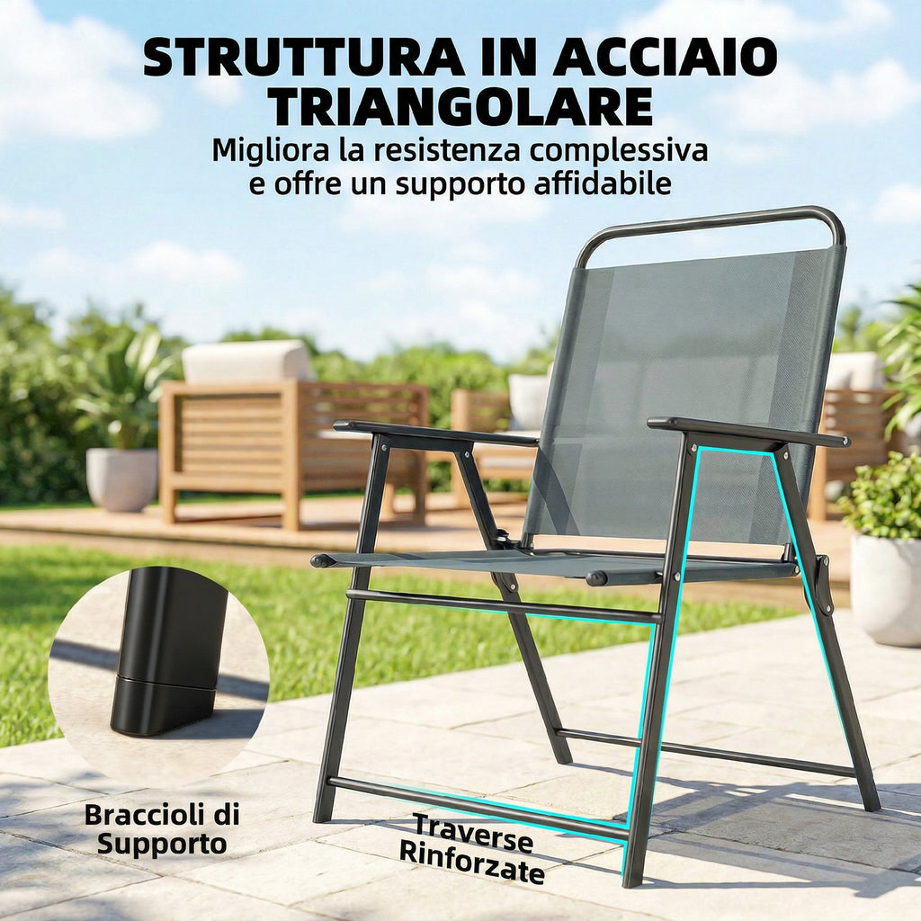 Outsunny Set of 2 Folding Garden Chairs with Armrests and Mesh Seat, Grey
