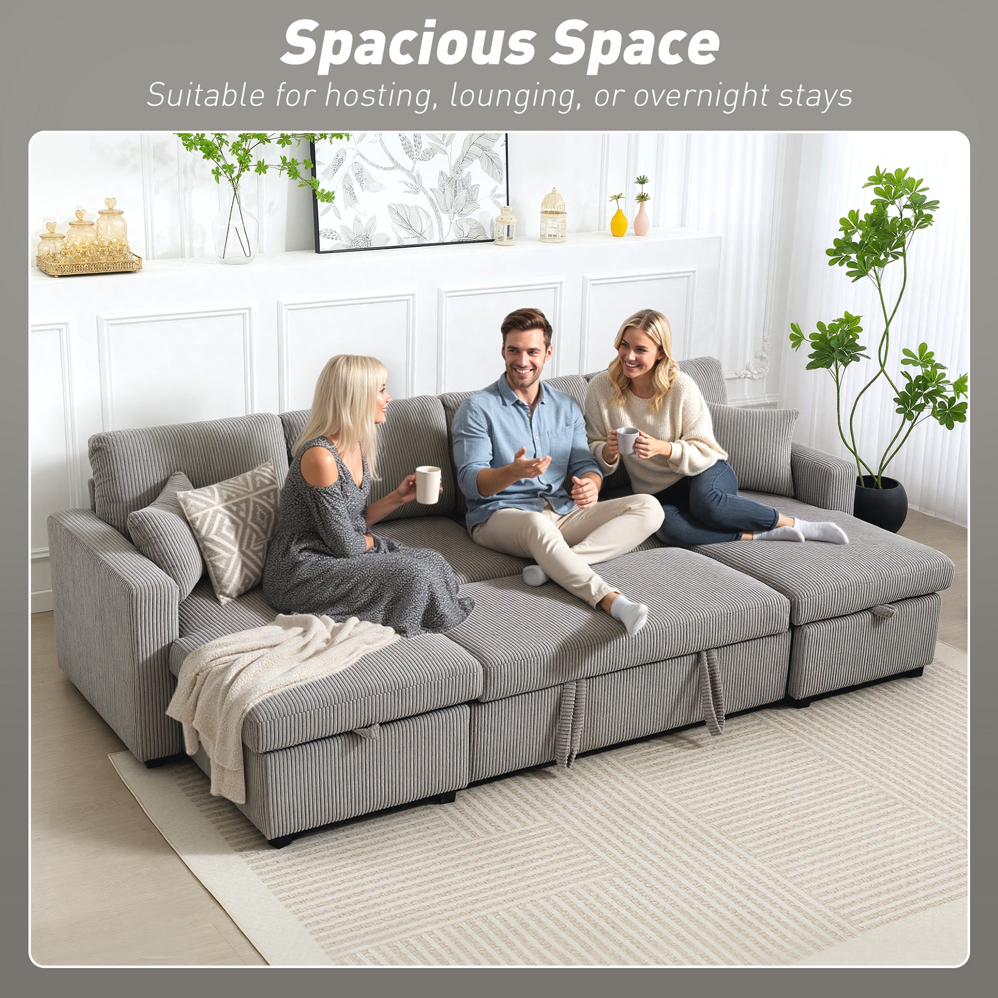 Modern U-Shaped Sofa Bed with 2 Chaise Longues and Storage Compartments, Corduroy, 282x140x86 cm, Grey