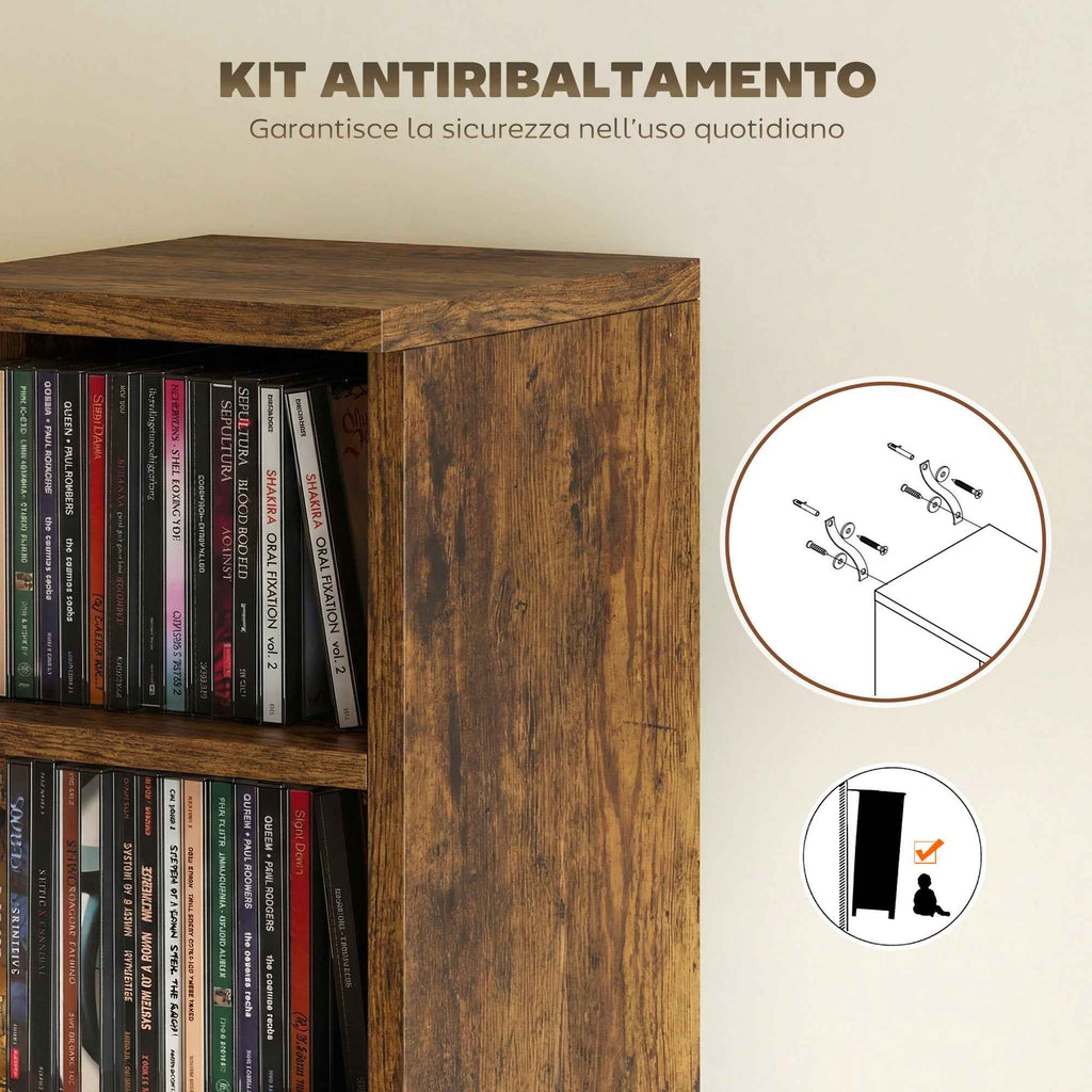 HOMCOM Set of 2 CD Racks with Adjustable Shelves for 204 CDs, Wooden, 21x22.5x88.5 cm, Rustic Brown