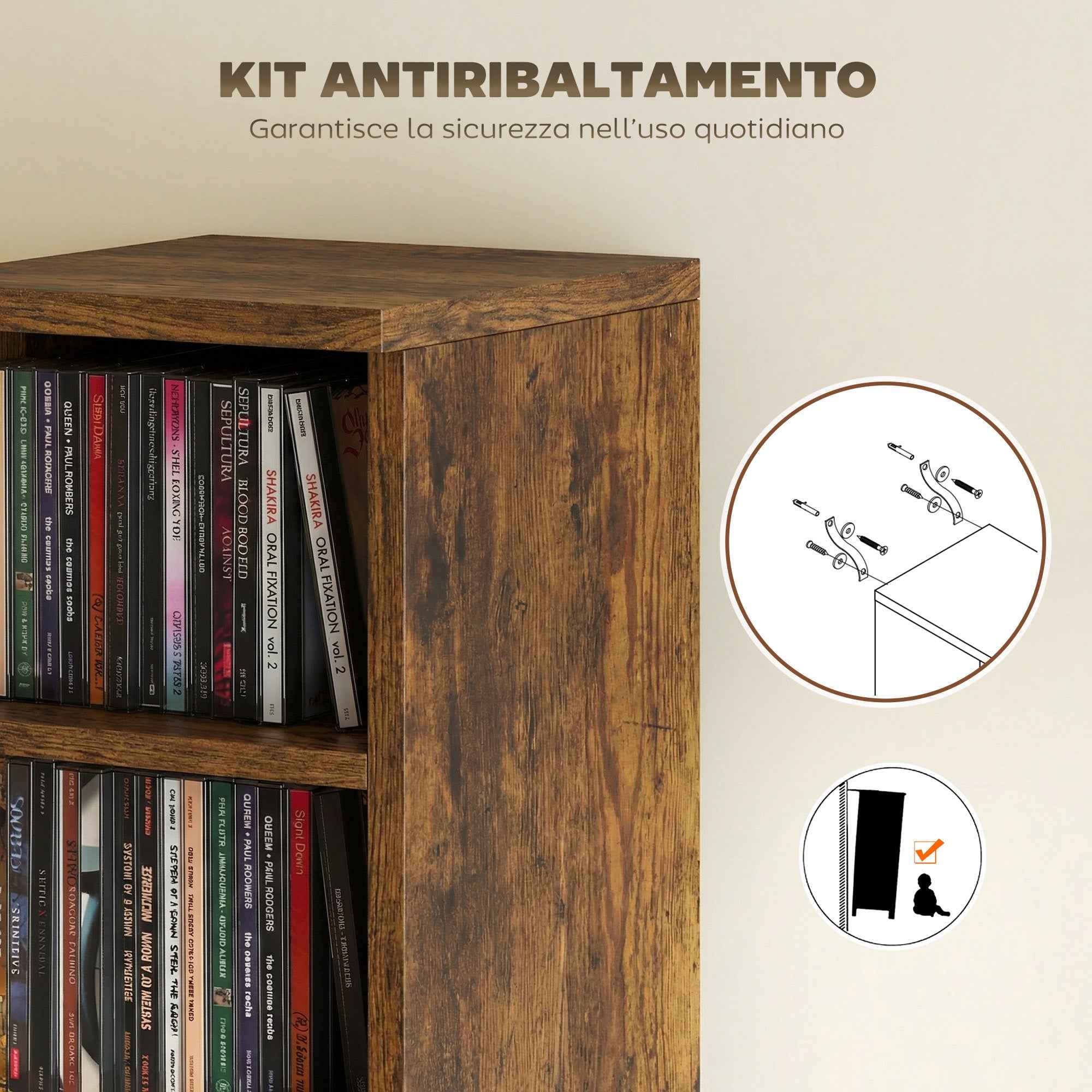 HOMCOM Set of 2 CD Racks with Adjustable Shelves for 204 CDs, Wooden, 21x22.5x88.5 cm, Rustic Brown