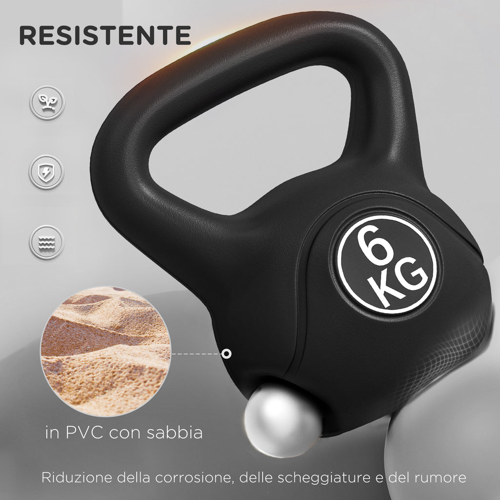 Kettlebell 6kg in Plastic and Sand with Flat Base and Handle, 20x13x22 cm, Black