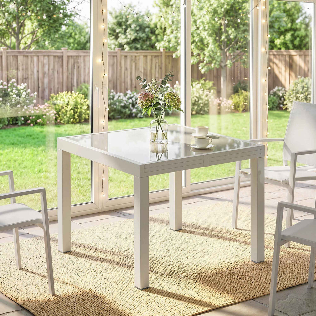 Outsunny Extendable Outdoor Aluminum Table, Tempered Glass Top, Cream White.