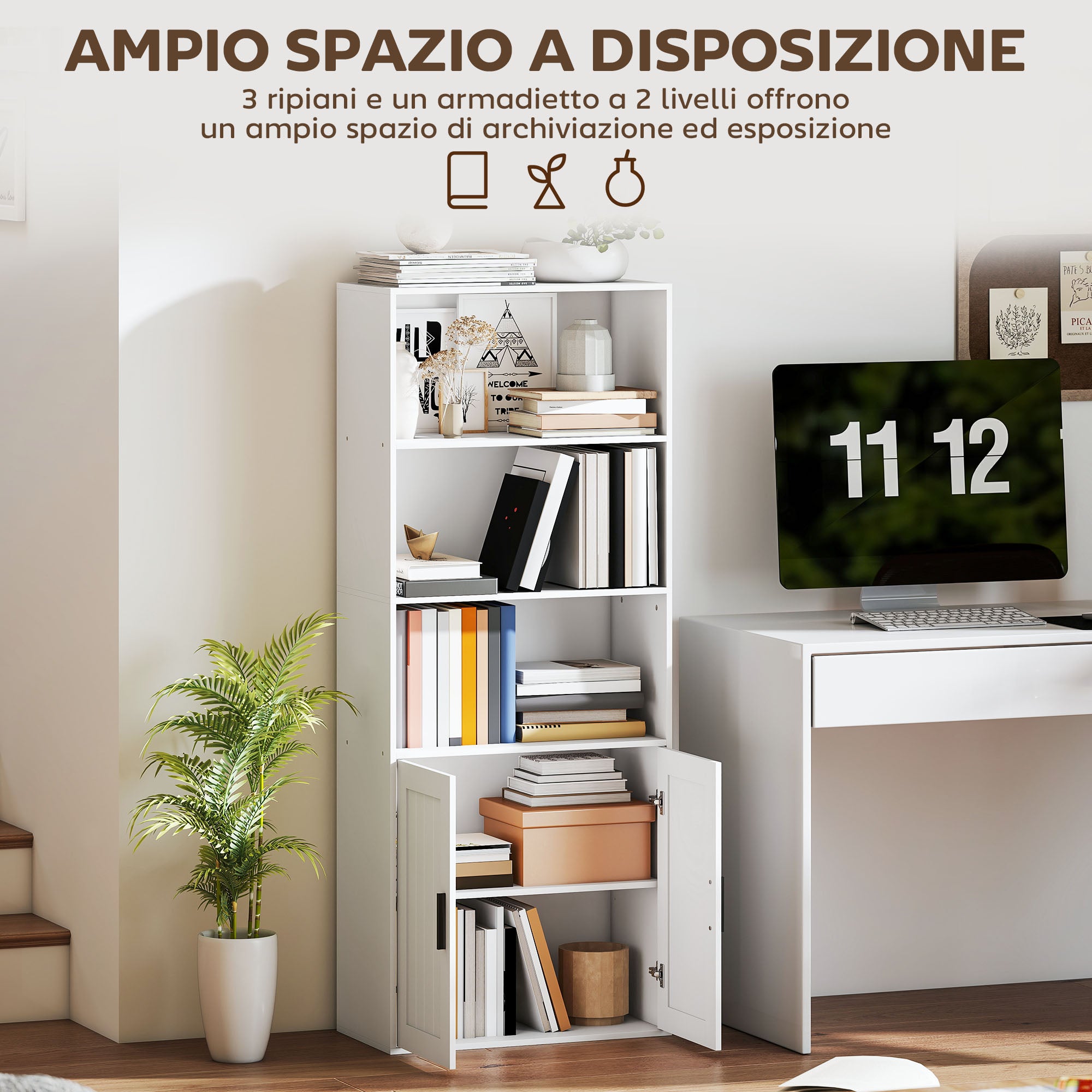 Bookcase with Open Shelves and 2-Door Cabinet with Adjustable Internal Shelf, 60x30x145.5 cm, White