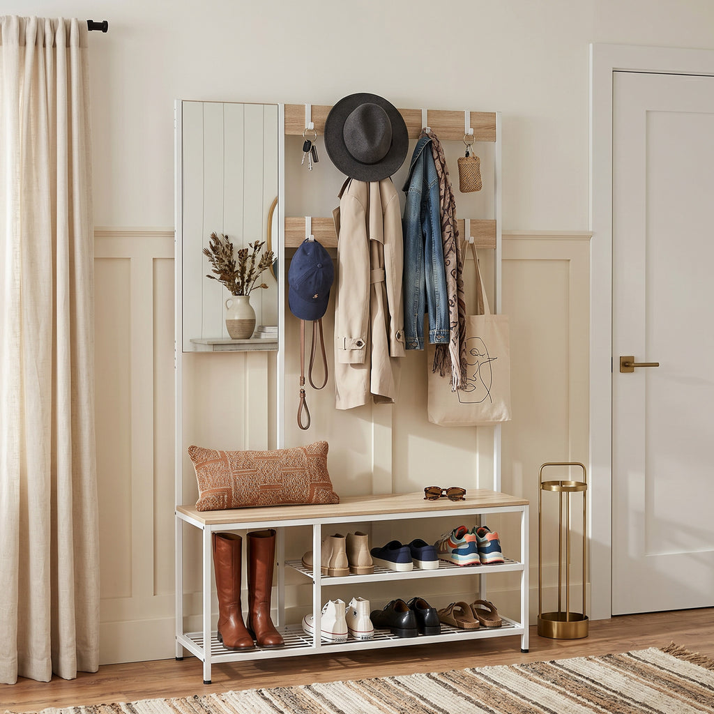 HOMCOM Hallway Coat Rack with Full-Length Mirror and Shoe Bench, Wood and Metal, Wood Color