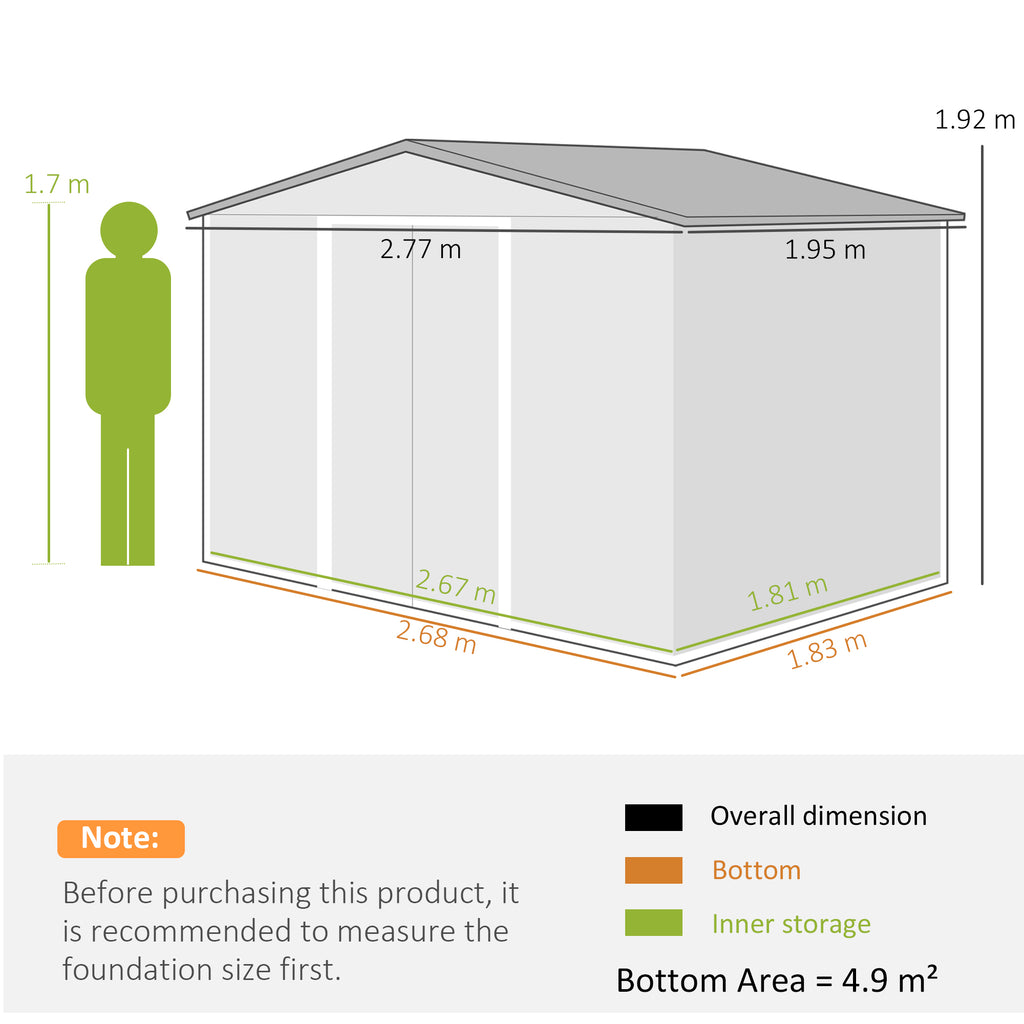 Outsunny Metal Garden Shed with Air Vents and Double Sliding Door, 277x195x192 cm, Silver