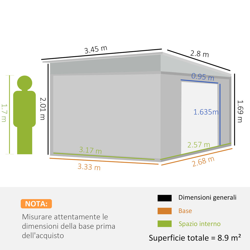Garden Shed with Sliding Door, Steel, 345x280.5x169-201cm, Grey