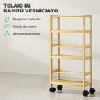 3-Tier Bathroom Shelf with Wheels, Bamboo Wood Trolley, 36x15x73 cm, Wood Color