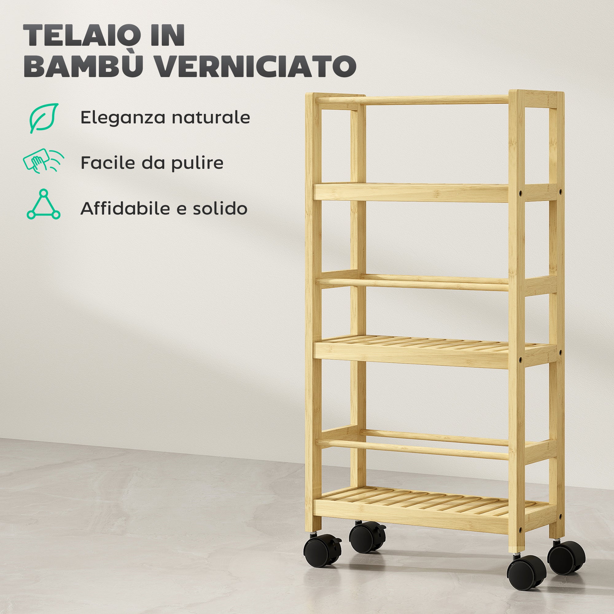 3-Tier Bathroom Shelf with Wheels, Bamboo Wood Trolley, 36x15x73 cm, Wood Color