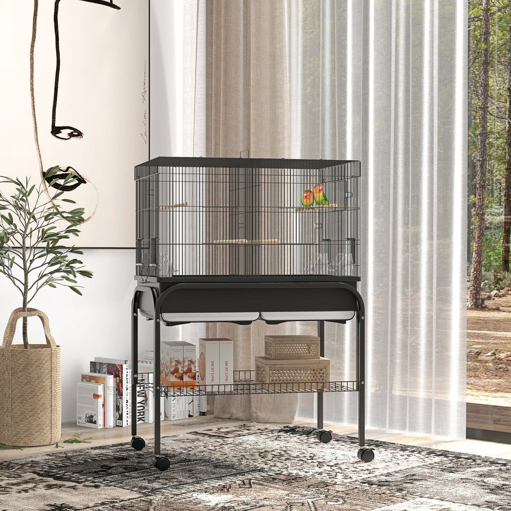PawHut Indoor Bird Cage with Tray, Shelf and Wheels with Brakes, 85x49x119 cm, Black