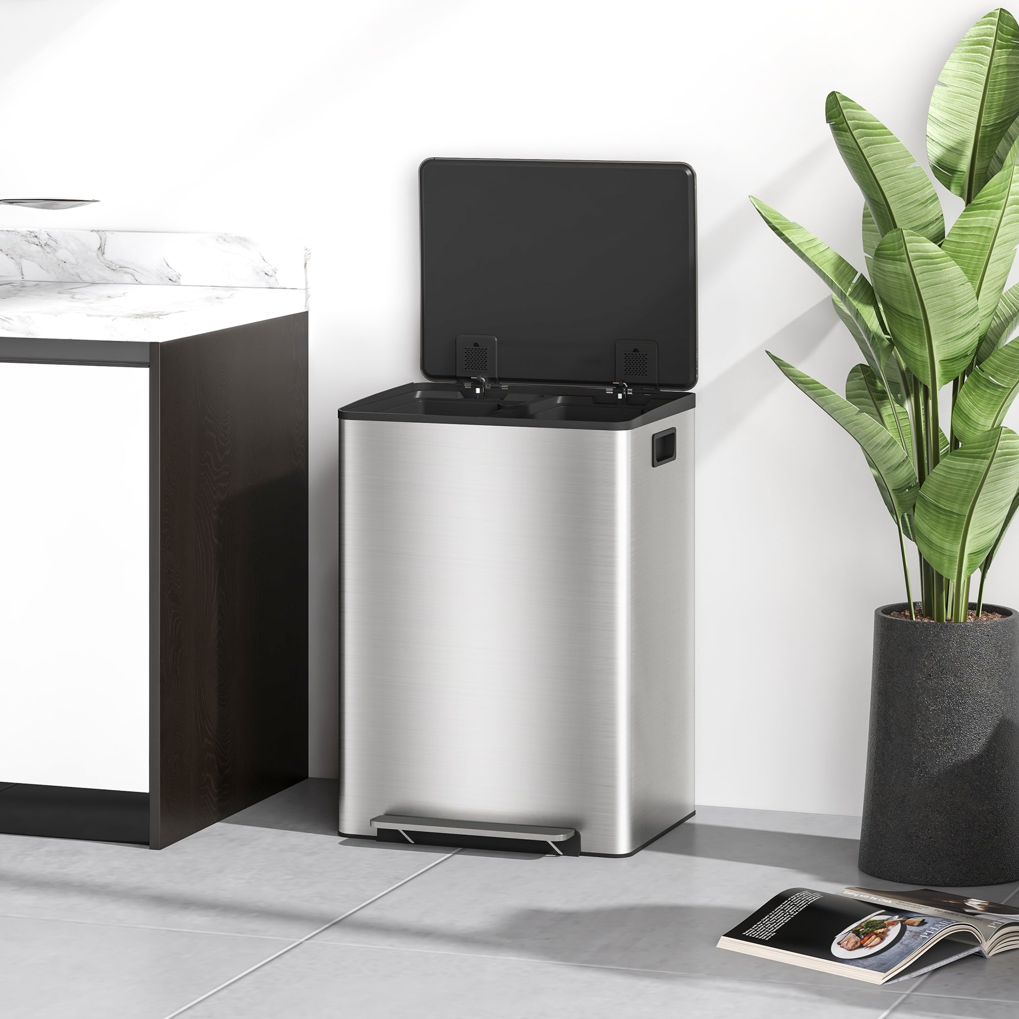 30L 2-Section Pedal Bin with Silent Lid, Stainless Steel and PP, 47.7x37. 5x66. 8 cm